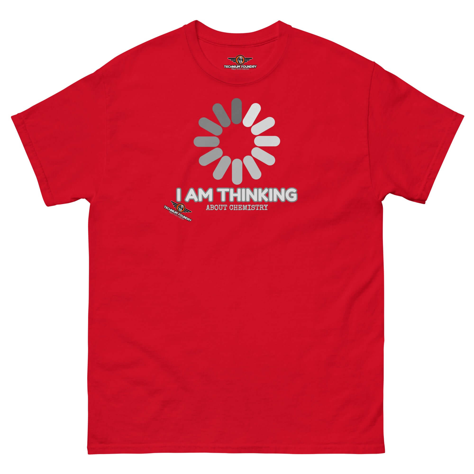 Red t-shirt with 'I Am Thinking About Chemistry' text and loading graphic, perfect for science enthusiasts and chemistry lovers.