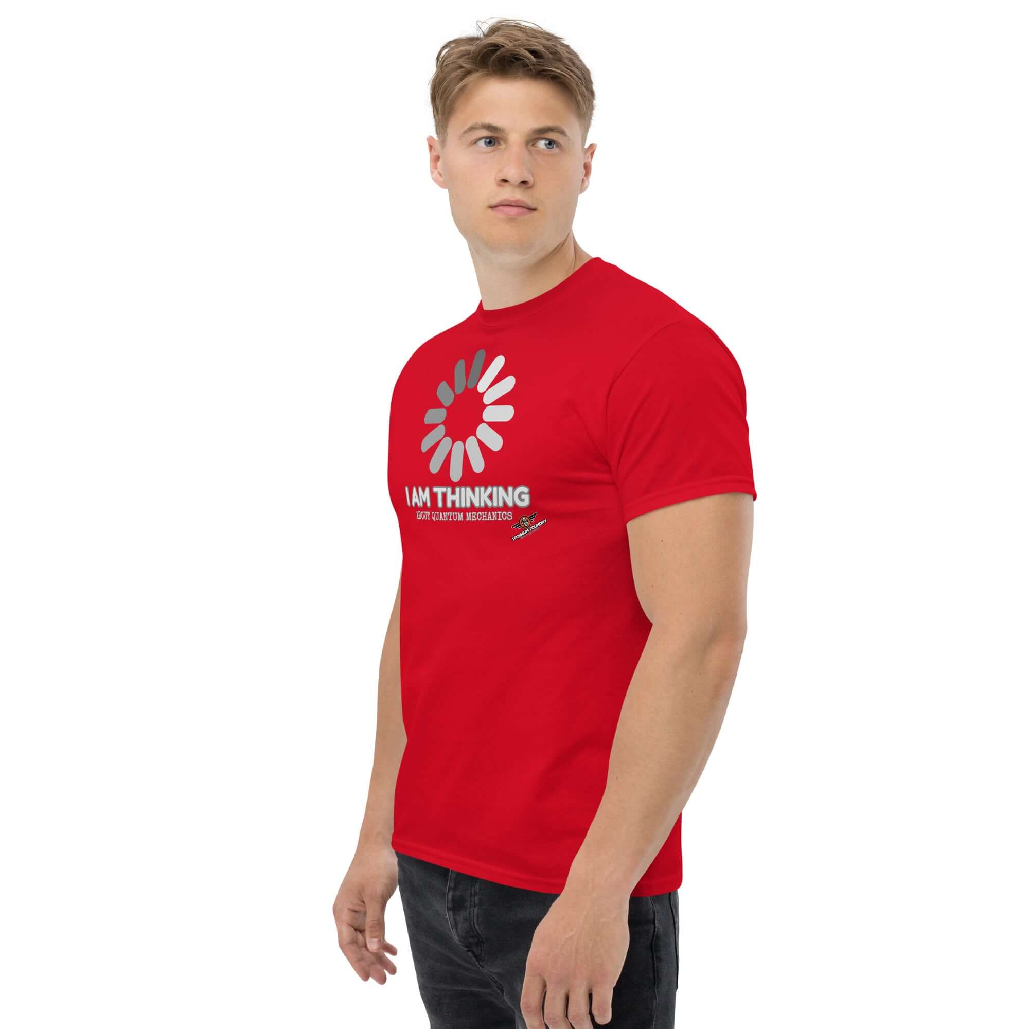 Red t-shirt with 'I Am Thinking' print, inspired by Schrödinger's Buffer, perfect for quantum mechanics enthusiasts.