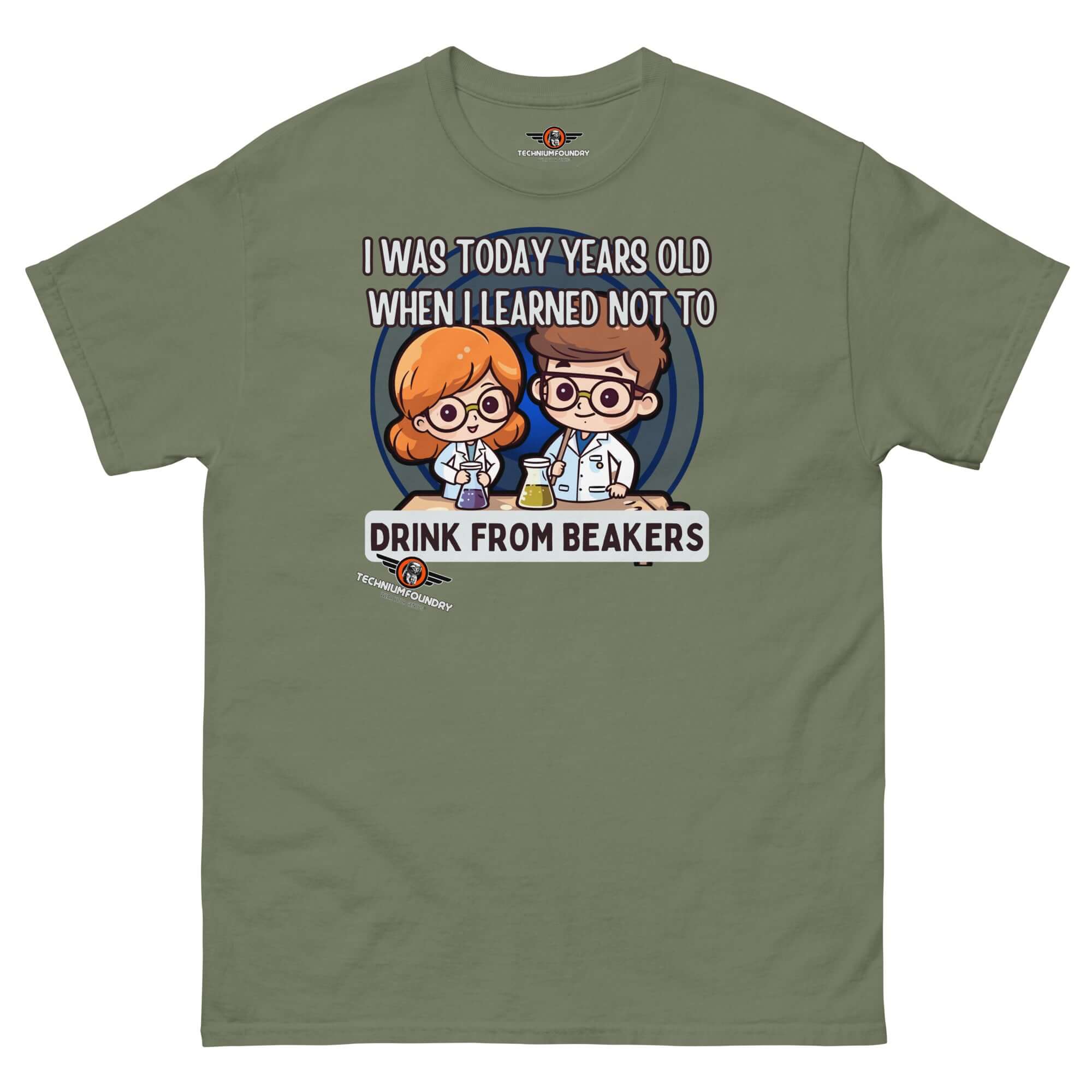 Chibi scientists on green 'Don't Drink from Beakers' chemistry humor t-shirt, safety reminder with kawaii lab characters.
