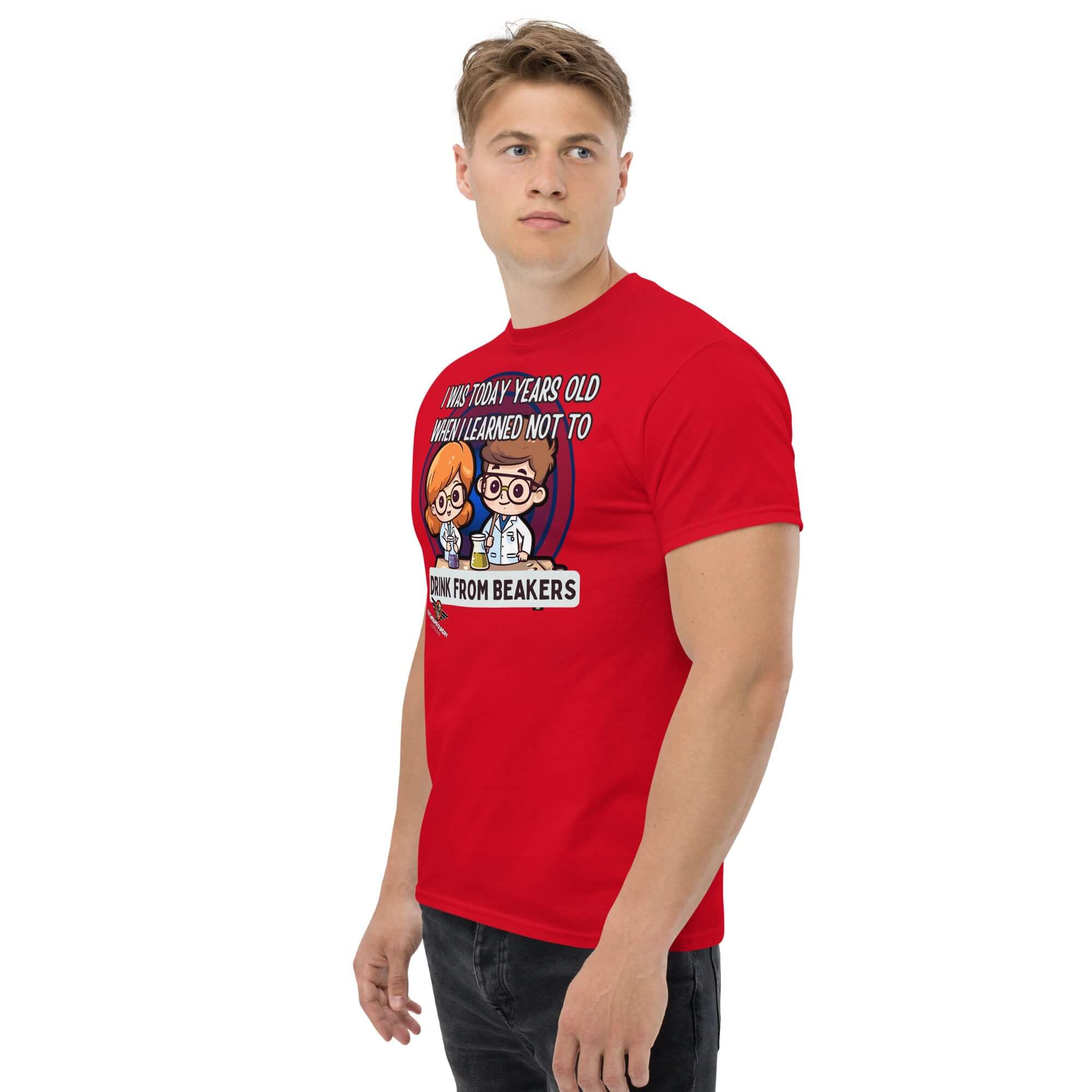 Red laboratory safety t-shirt with "I Was Today Years Old" message and kawaii chibi scientists, perfect for chemistry humor lovers.