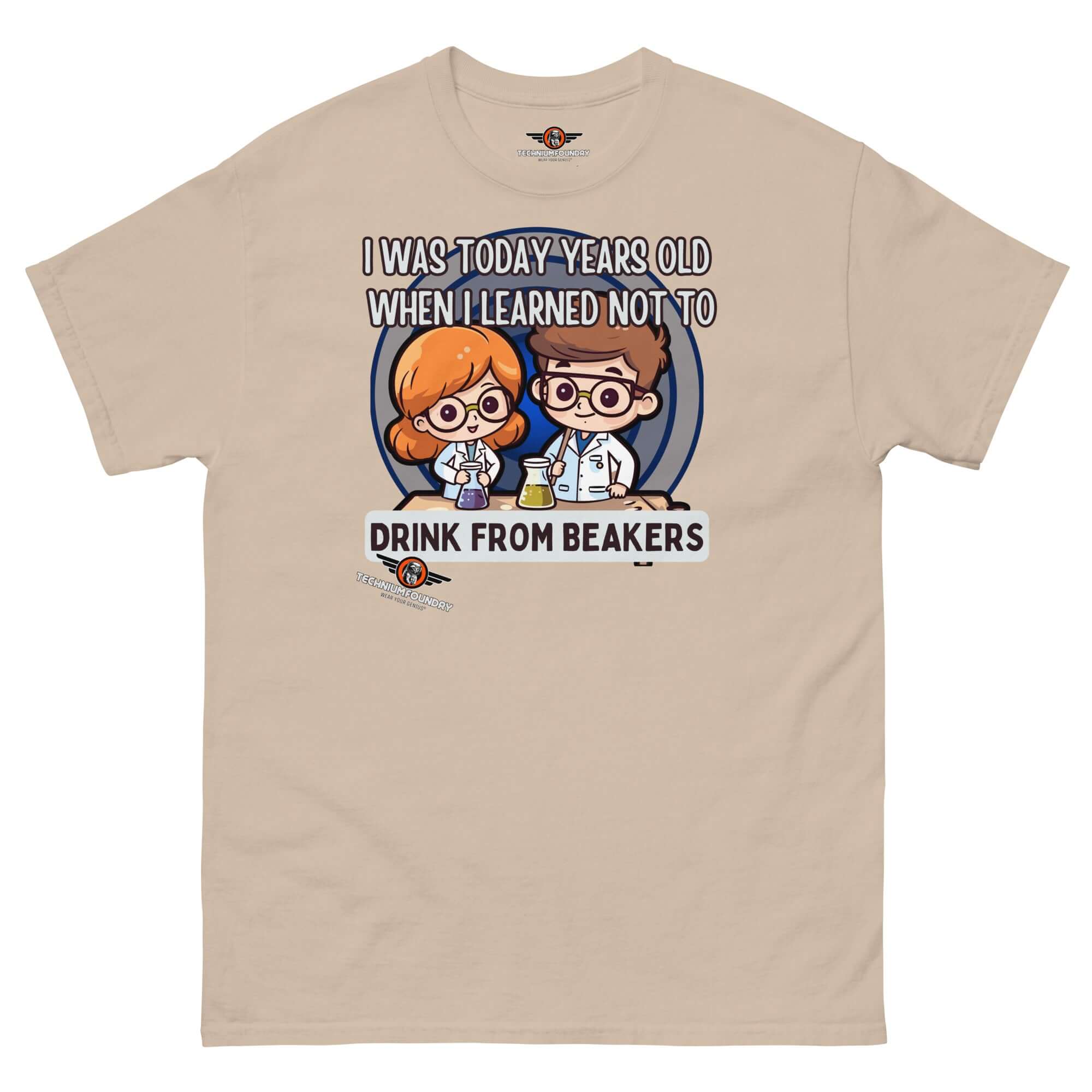 "I Was Today Years Old" lab safety t-shirt with chibi scientists and beaker caution, kawaii chemistry humor design.
