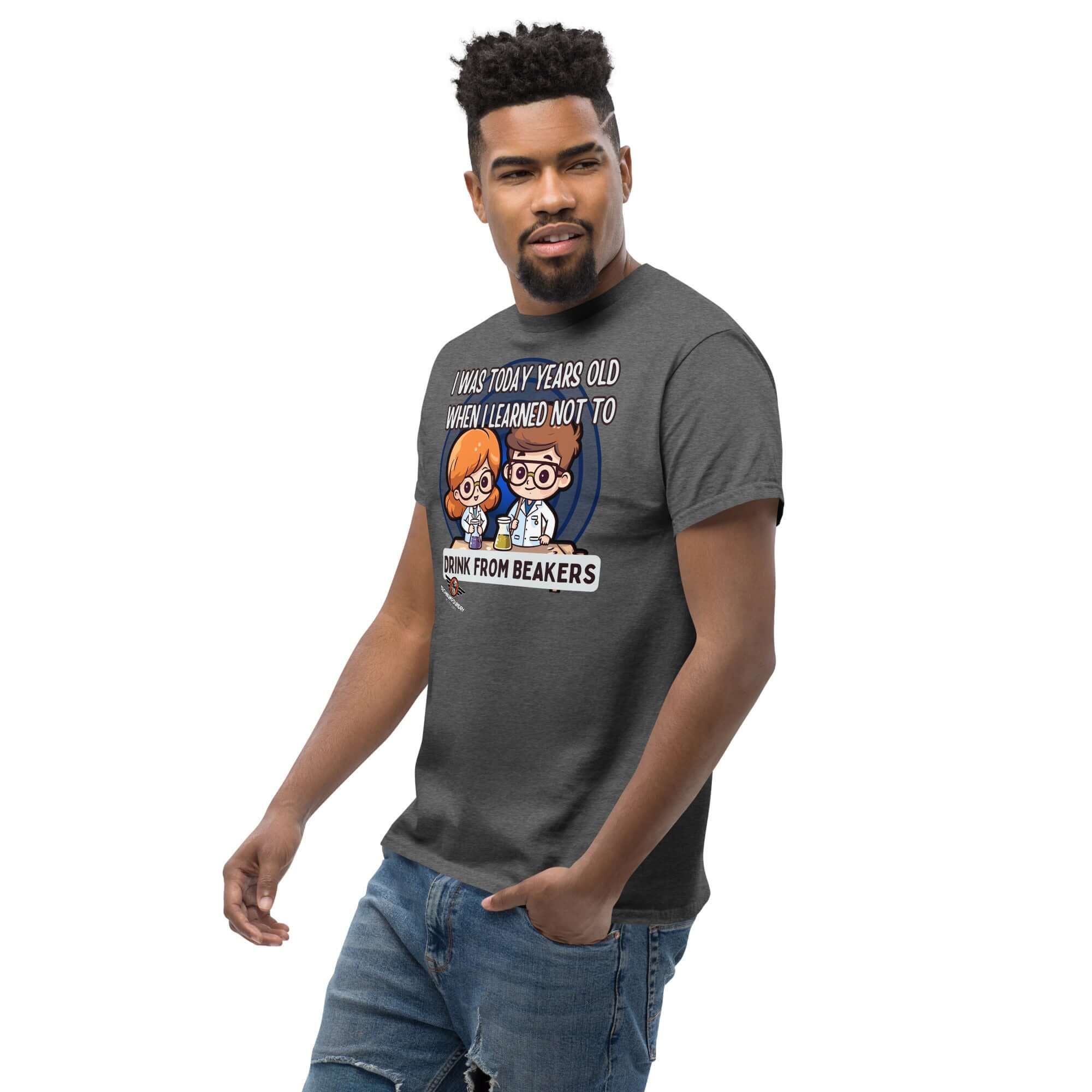 Man wearing 'I Was Today Years Old' lab safety T-shirt with kawaii scientists and beaker warning.