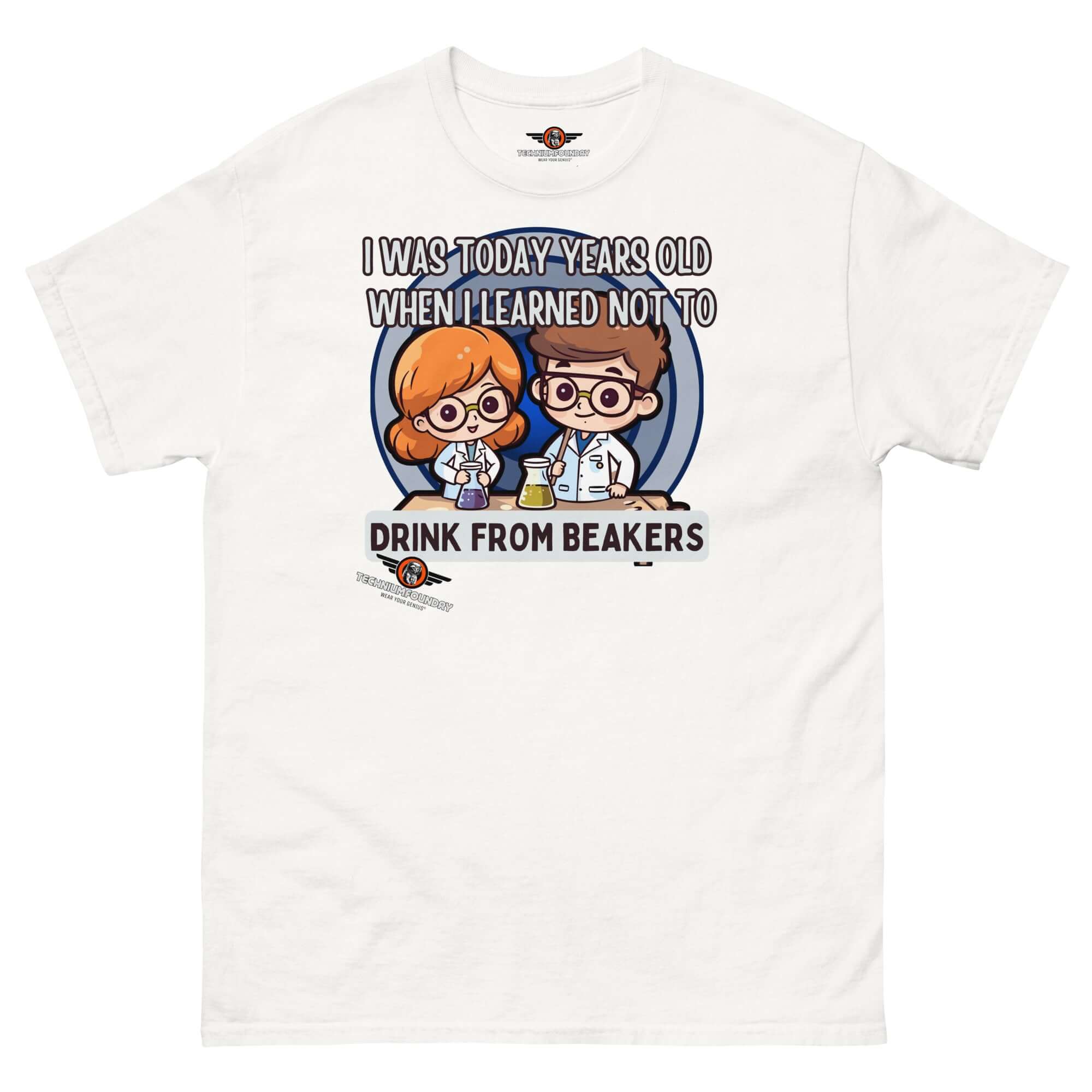 "I Was Today Years Old" lab safety t-shirt featuring chibi scientists and beaker warning, perfect gift for chemistry humor lovers.