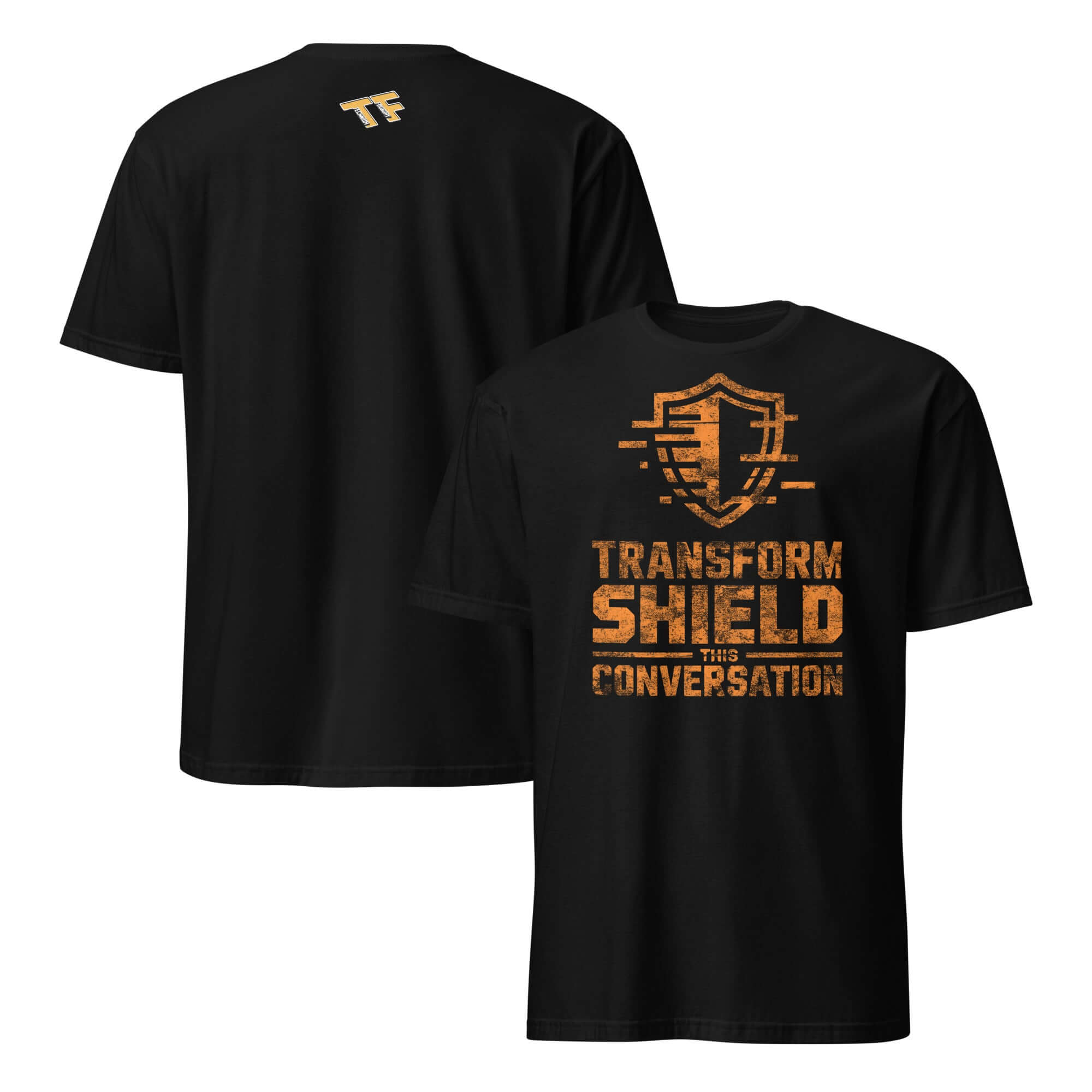 Black T-shirt with "Transform Shield This Conversation" printed, featuring a tactical social defense design for gaming and humor lovers.