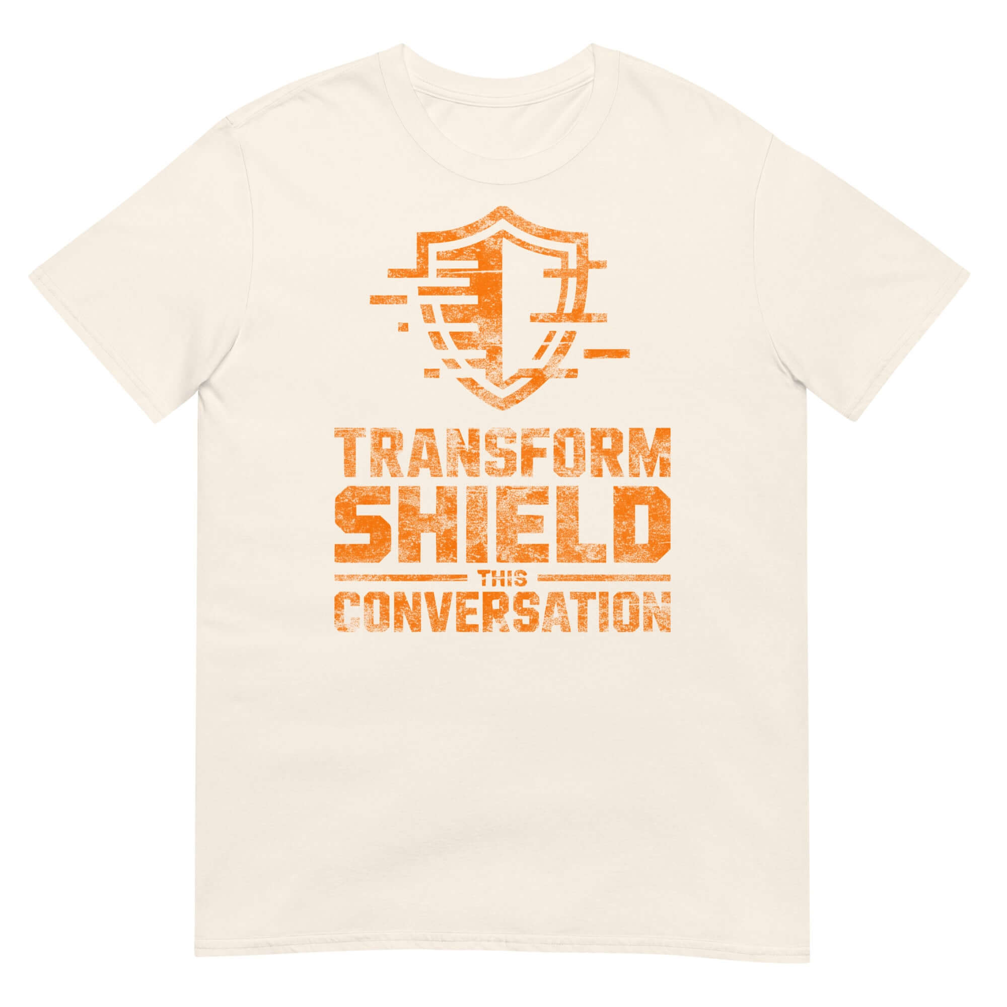 Gaming T-shirt with 'Transform Shield This Conversation' design in orange, humorous social defense apparel inspired by COD Mobile.