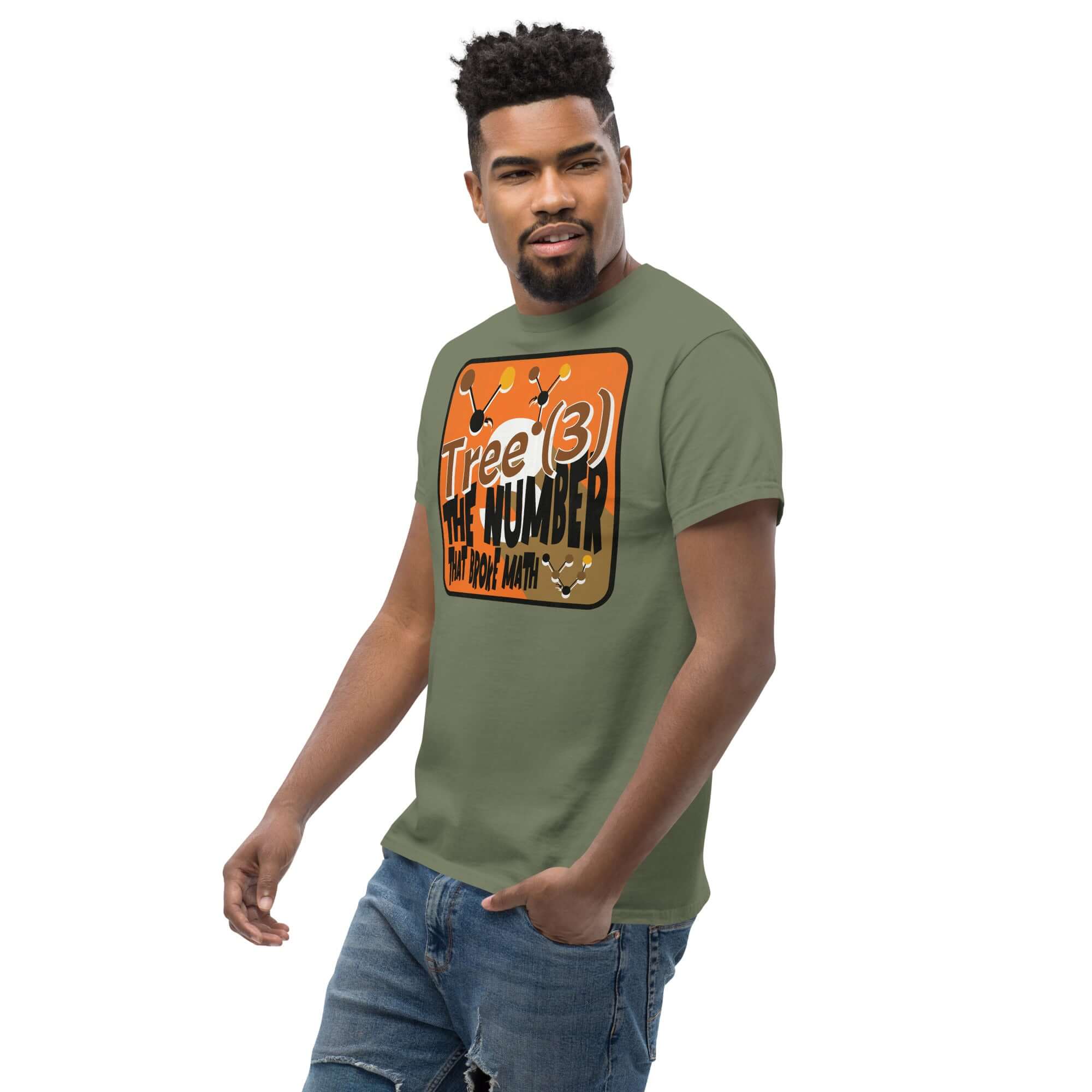 Math humor t-shirt featuring Tree(3): The Number That Broke Math design with molecular-style nodes, worn by a smiling man.