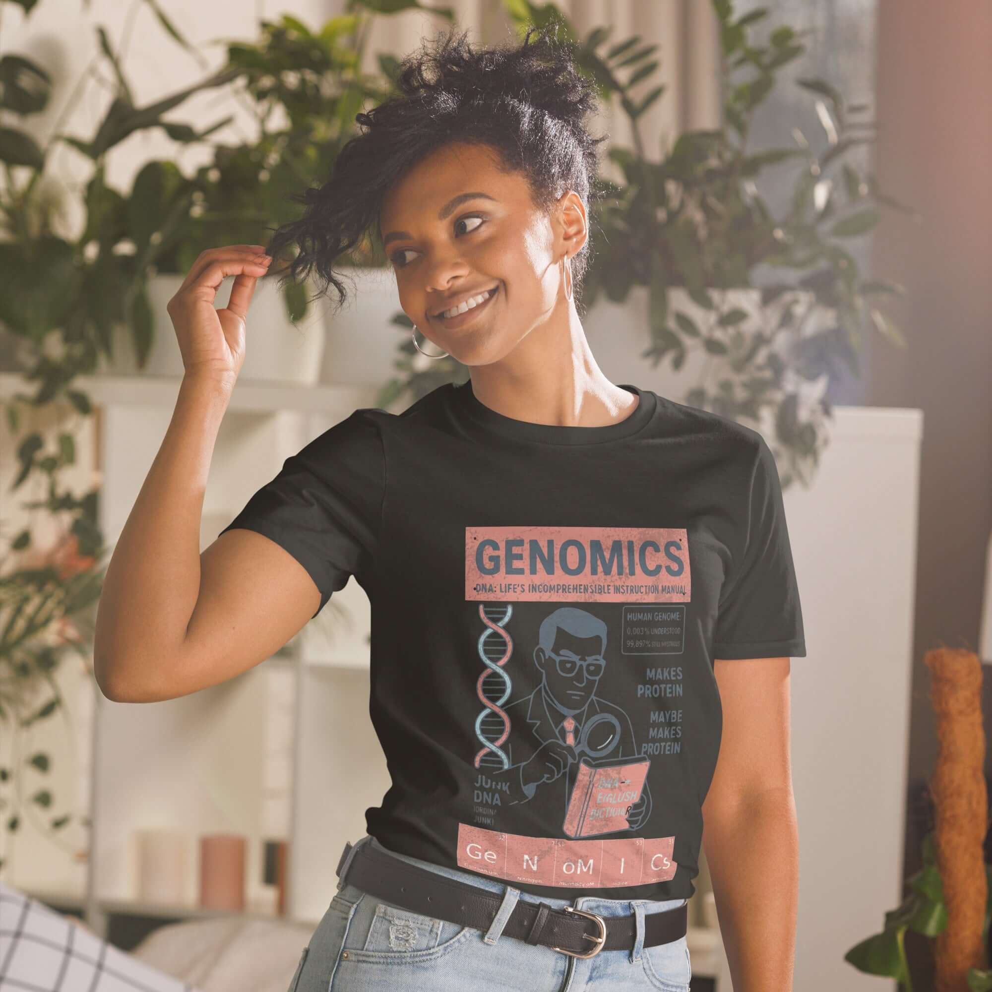 Person wearing a Genomics T-Shirt with vintage design celebrating genetic code reading, highlighting success and realistic expectations.