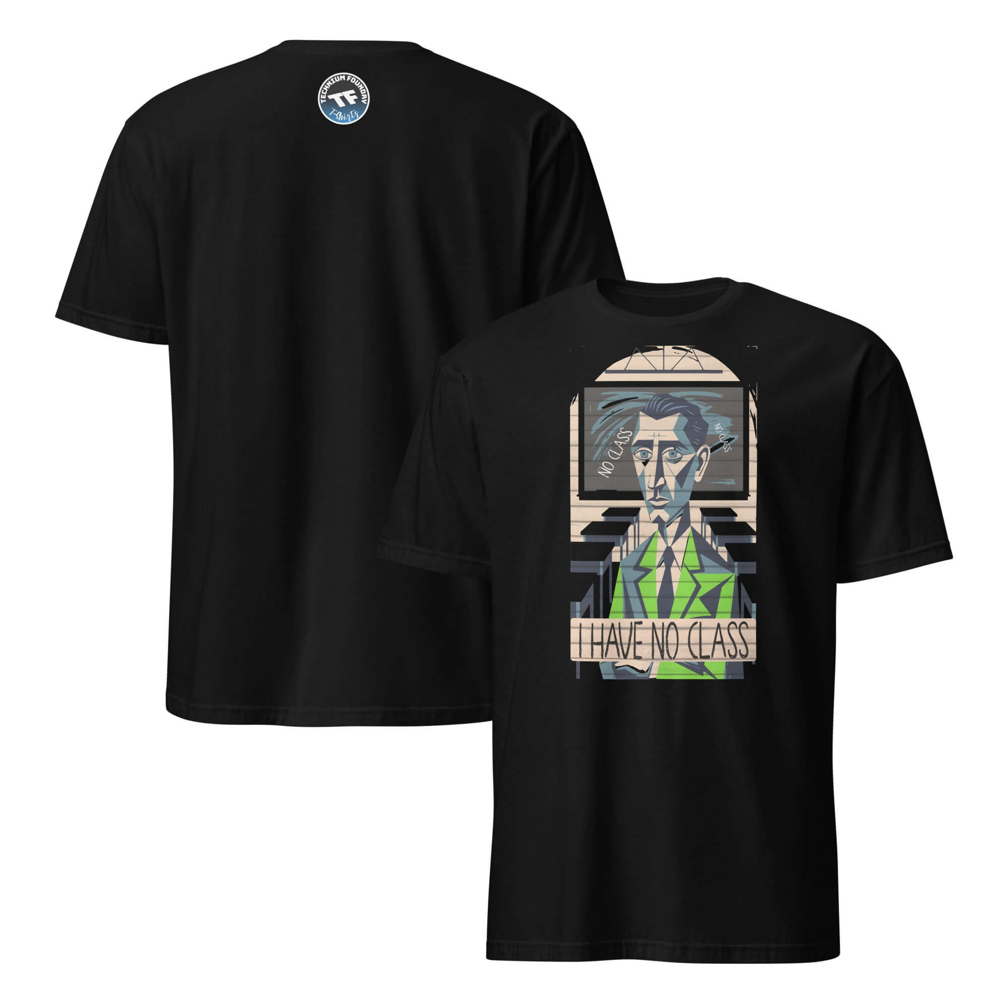 "I Have No Class" humorous T-shirt with cubist design, black color, featuring academic theme, empty classroom illustration.