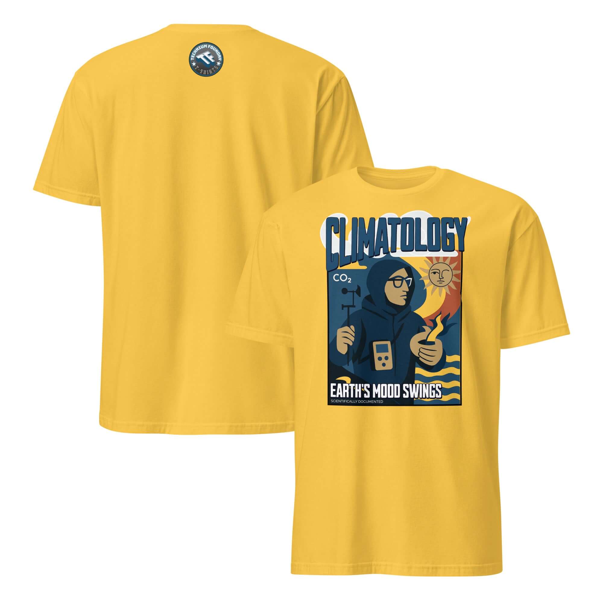 Yellow Climatology T-Shirt featuring Earth's Mood Swings design, highlighting climate change with vintage illustrations.