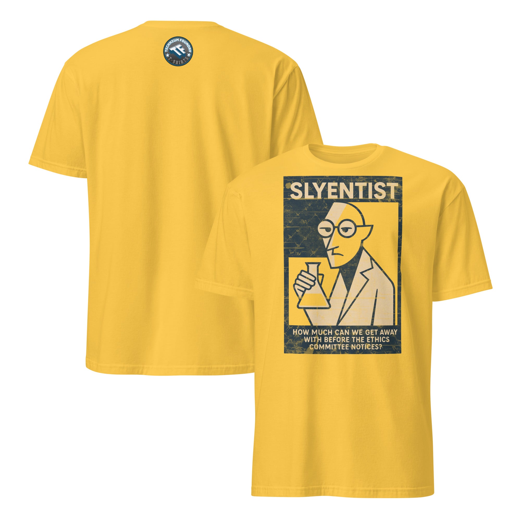 Yellow "I Am A Sly-entist" T-shirt featuring a scientist graphic with humorous scientific wordplay.