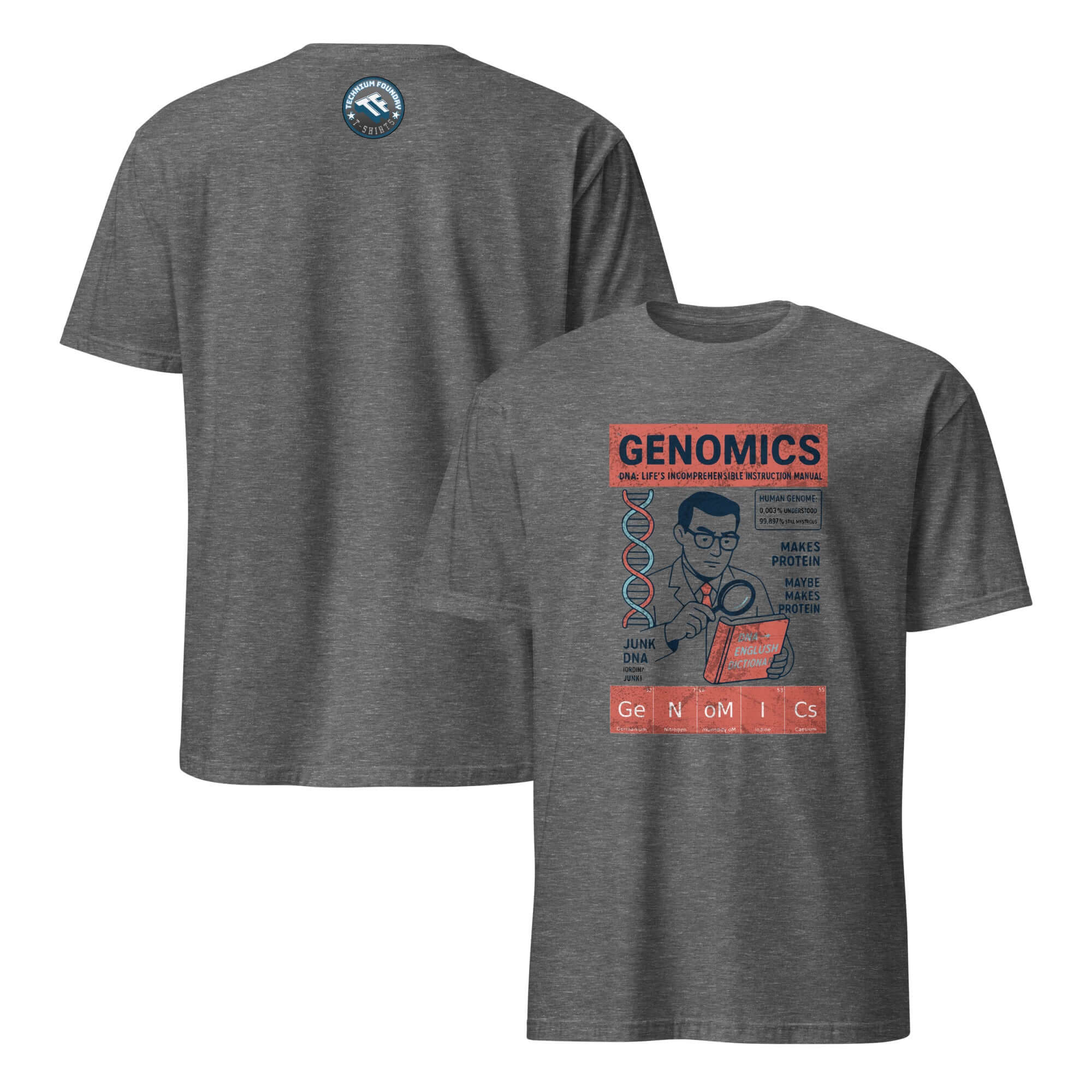 Genomics T-shirt with vintage design showcasing genetic archaeology text and molecular graphics on gray fabric.