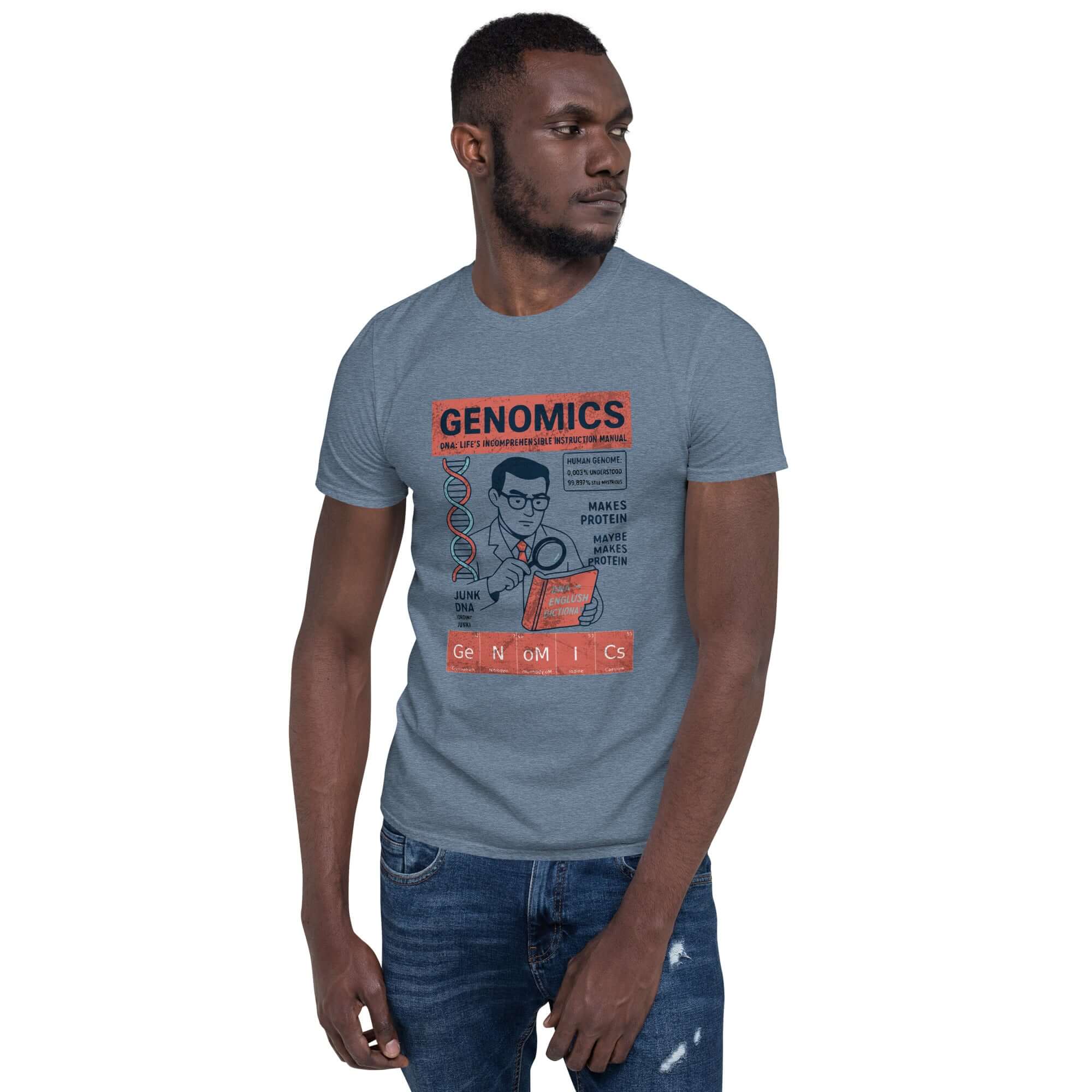 Man wearing Genomics T-Shirt with vintage design celebrating genetic code exploration.