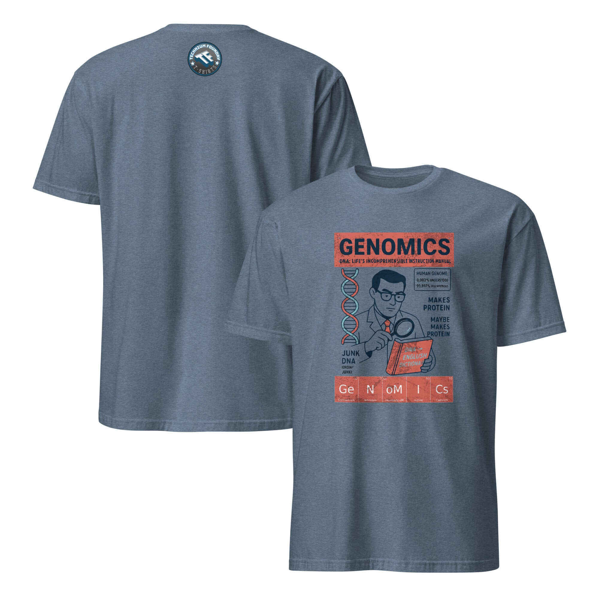Vintage Genomics T-Shirt featuring a scientist reading genetic code, celebrating genetic research with humor and style.