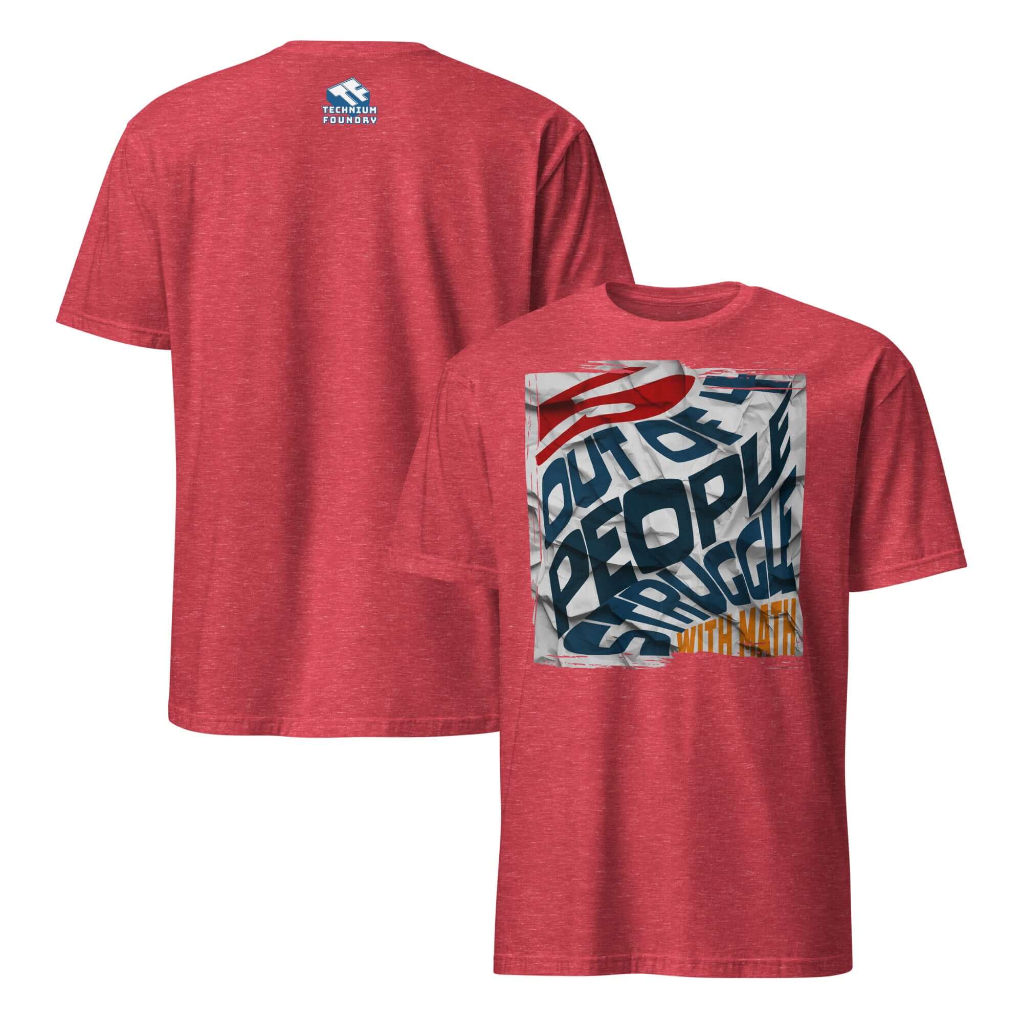 Red humorous math t-shirt featuring '5 Out of 4 People Struggle with Math' graphic, highlighting mathematical paradox humor.