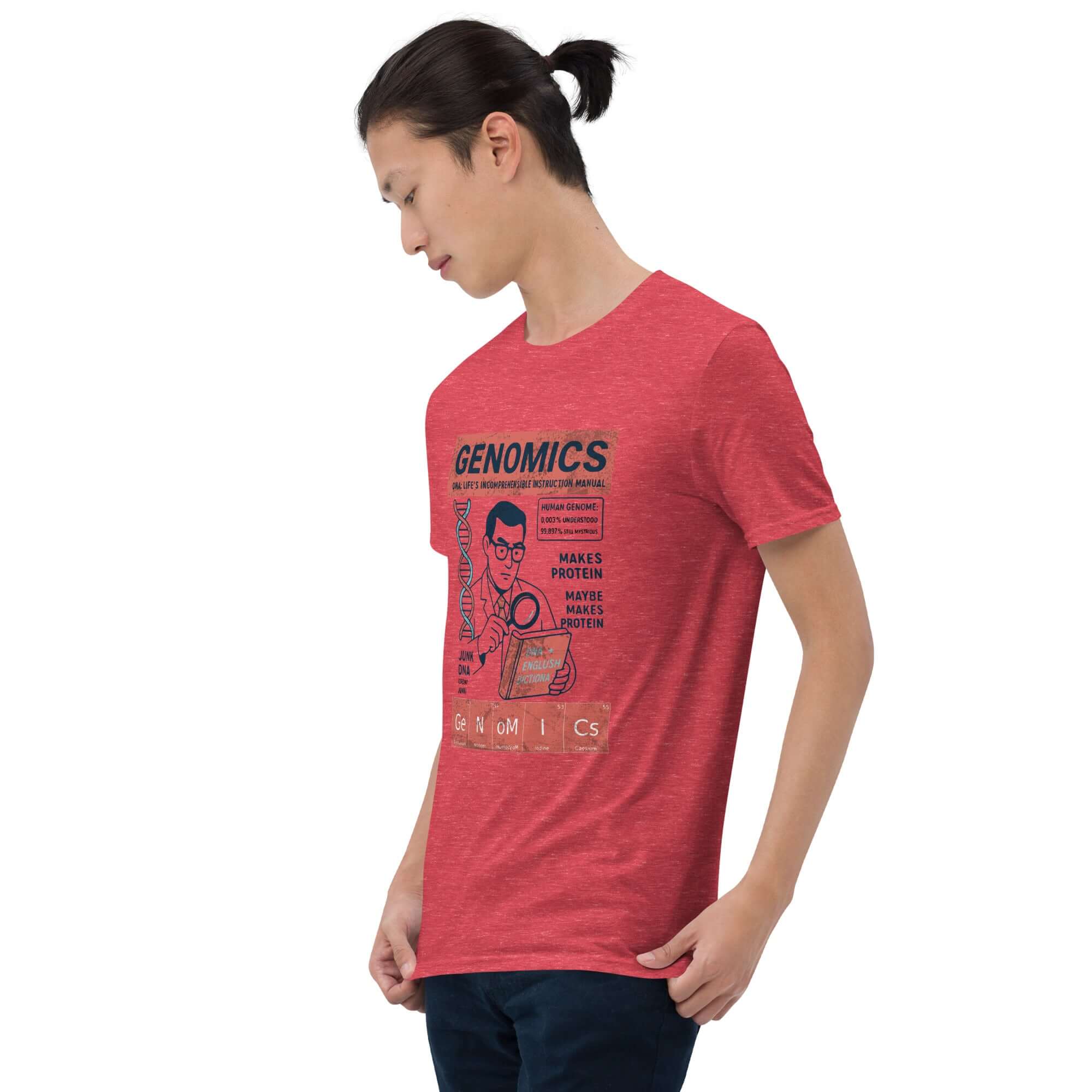 Red Genomics T-Shirt featuring retro scientific design on model, celebrating genetic exploration with humor and style.
