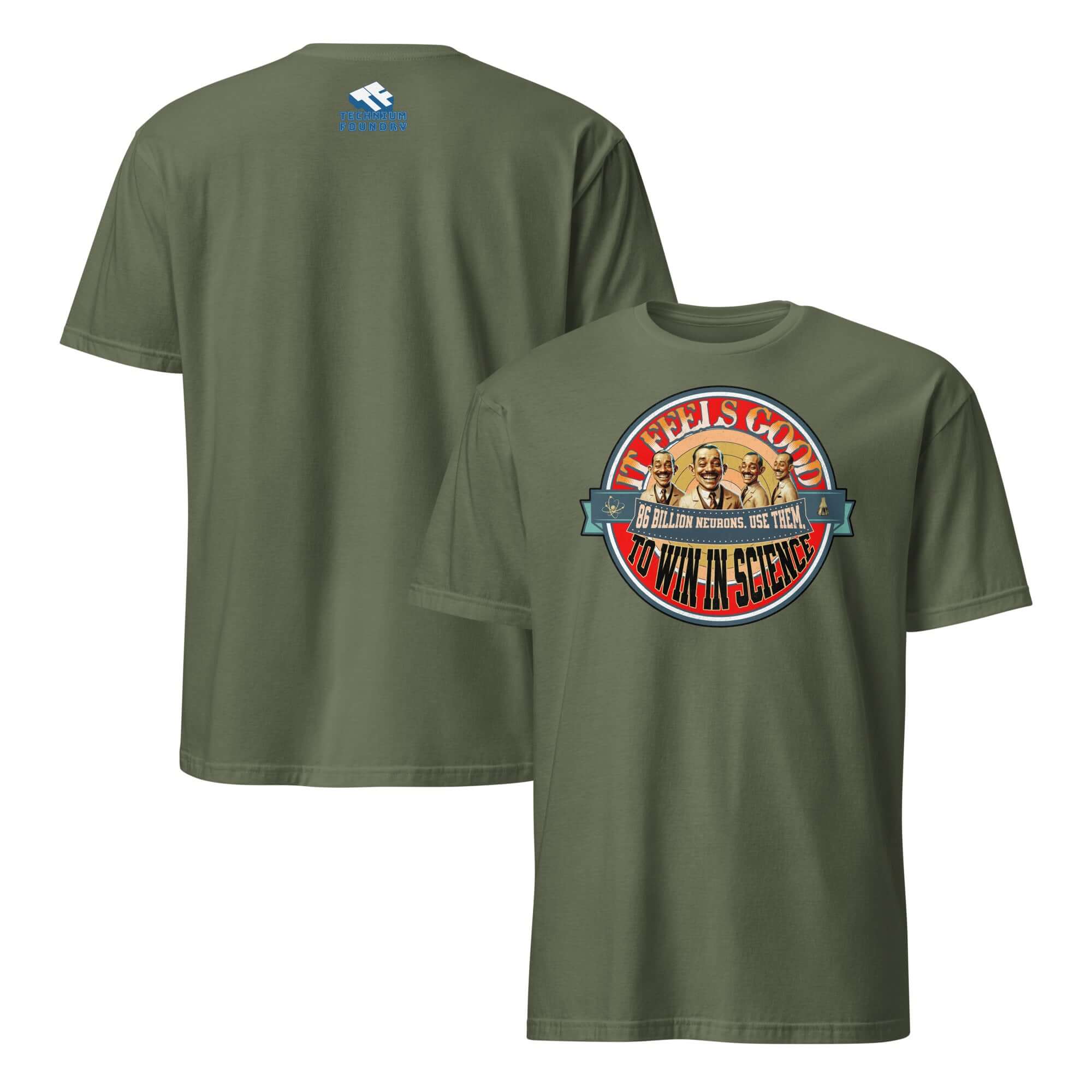 Green t-shirt featuring "It Feels Good To Win In Science" design with vintage scientist graphic on front.