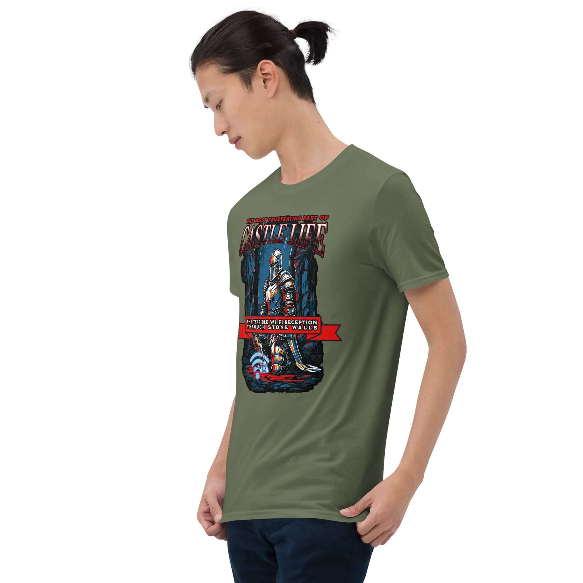 Man wearing a green Most Frustrating Part of Castle Life T-shirt featuring medieval knight and Wi-Fi humor design.
