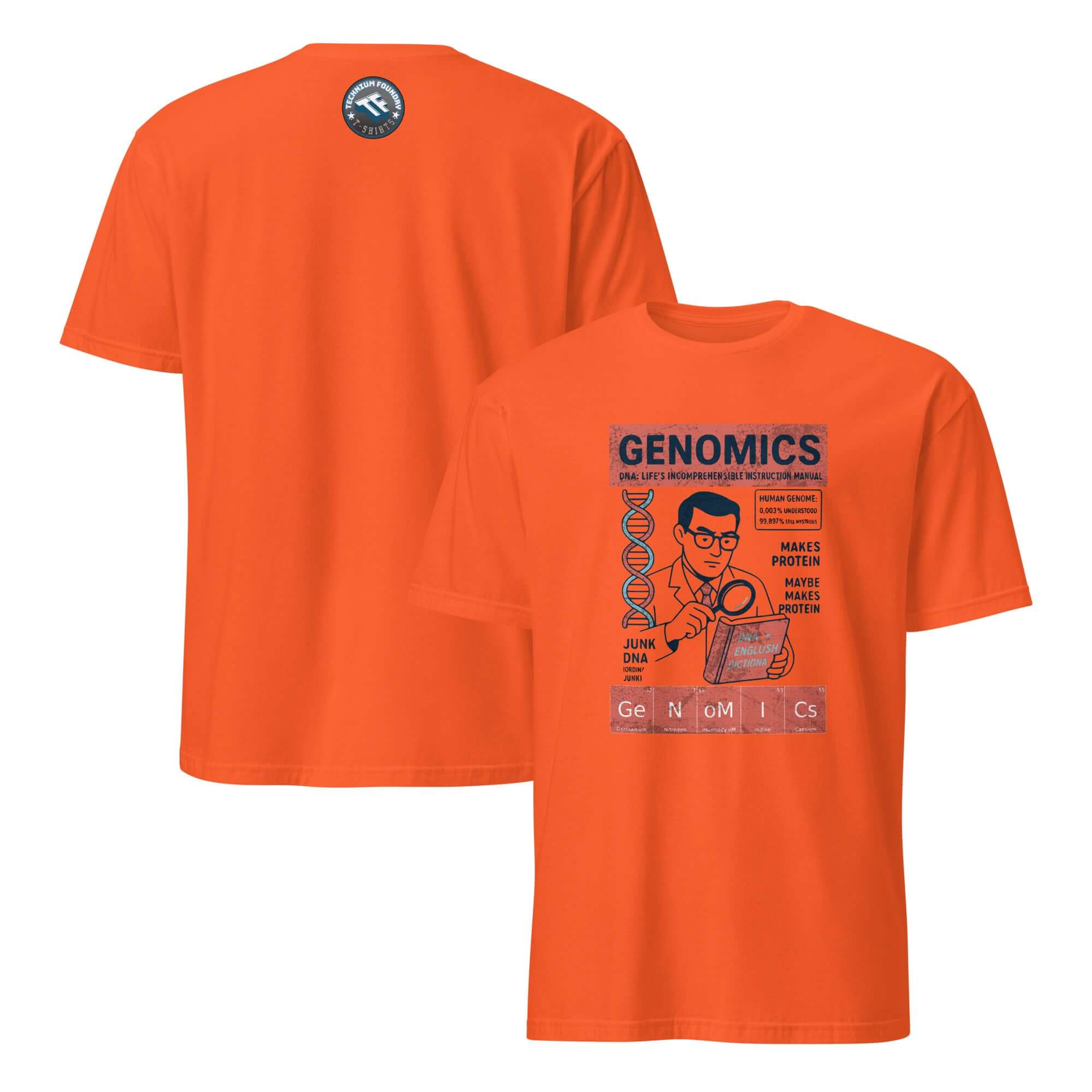 Vintage orange "Genomics" T-shirt featuring retro scientific poster design, celebrating genetic code decoding. Perfect for science fans.