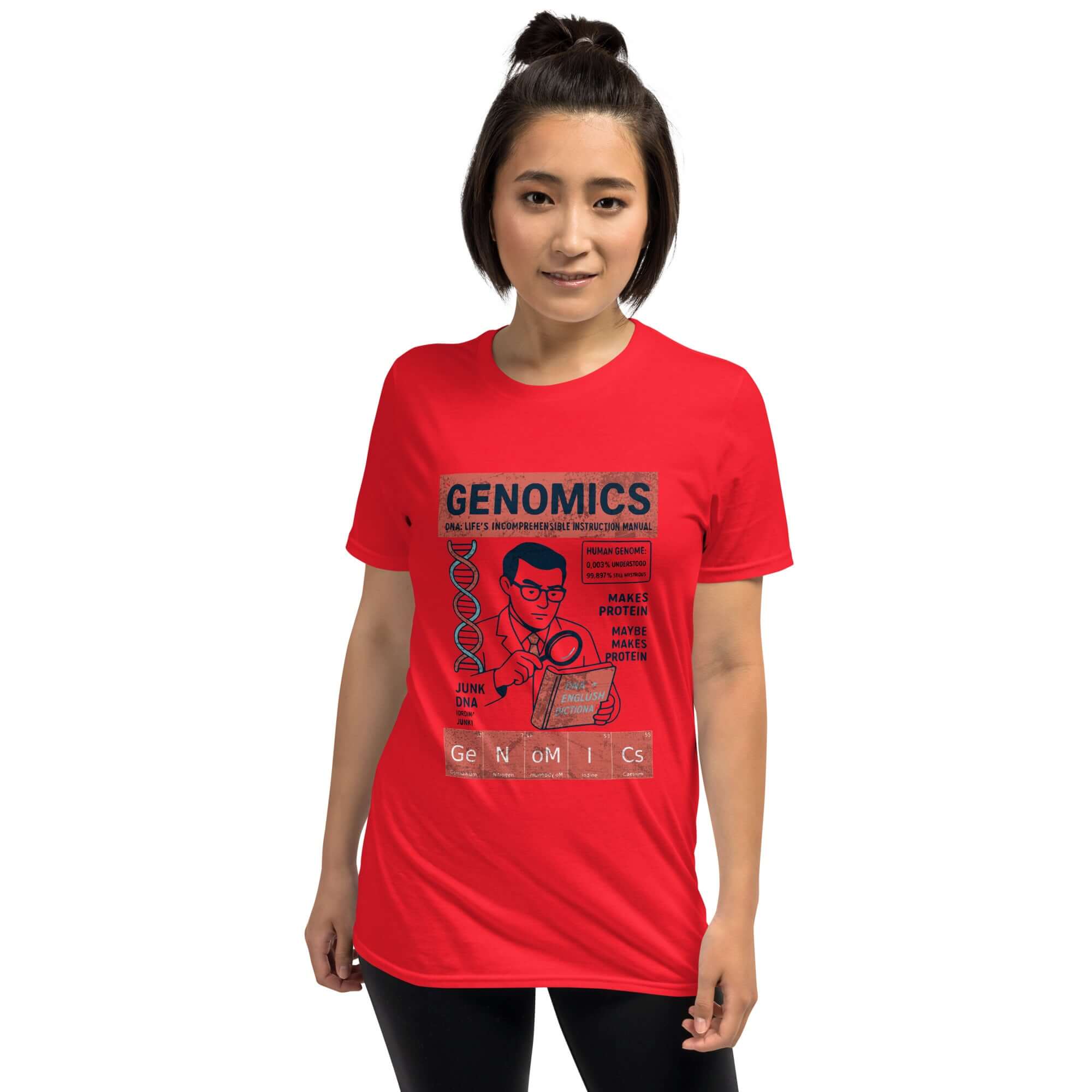 Red Genomics T-Shirt featuring vintage science design with text "Reading Genetic Code Occasionally Successfully".