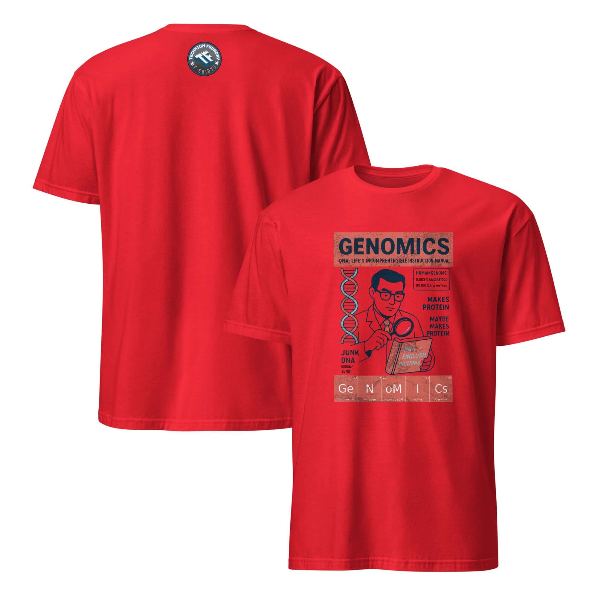 Red "Genomics" T-shirt featuring vintage laboratory design and genetic code theme, celebrates molecular research with retro flair.