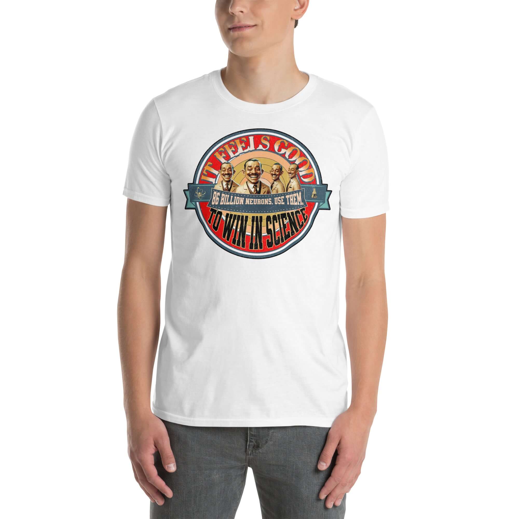 It Feels Good To Win In Science T-Shirt featuring vintage character graphic, celebrating academic victory and breakthroughs.