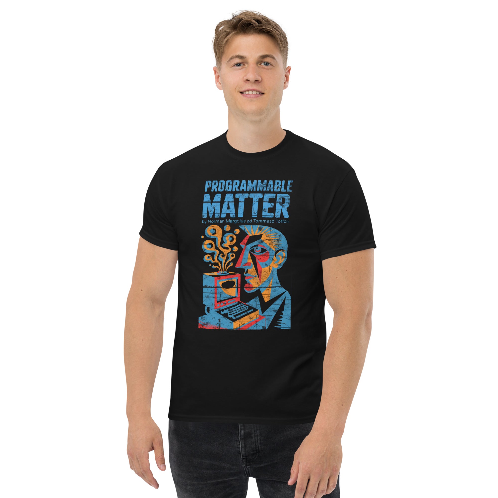 Man wearing Computronium Programmable Matter T-shirt with abstract design, showcasing theoretical physics and quantum computing concepts.