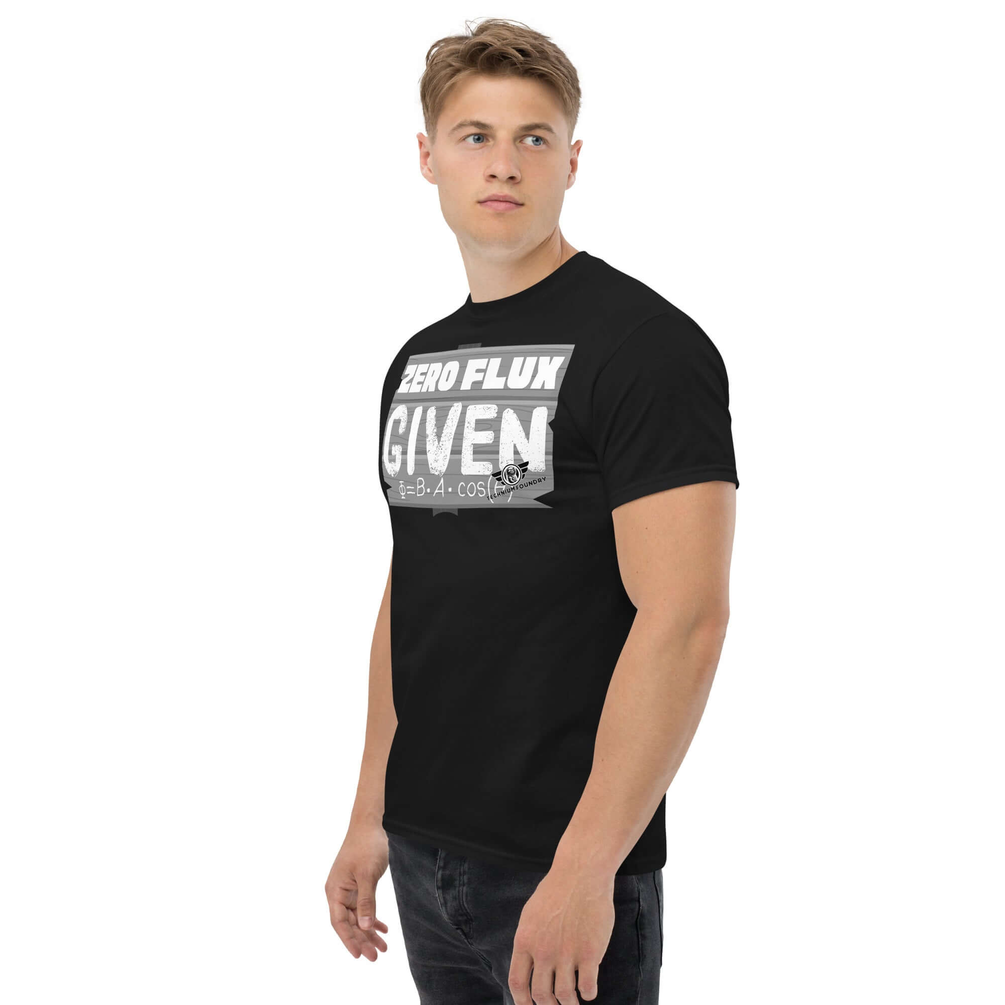 Black t-shirt featuring 'Zero Flux Given' with magnetic flux equation in chalkboard-style, worn by a person, showcasing scientific humor.