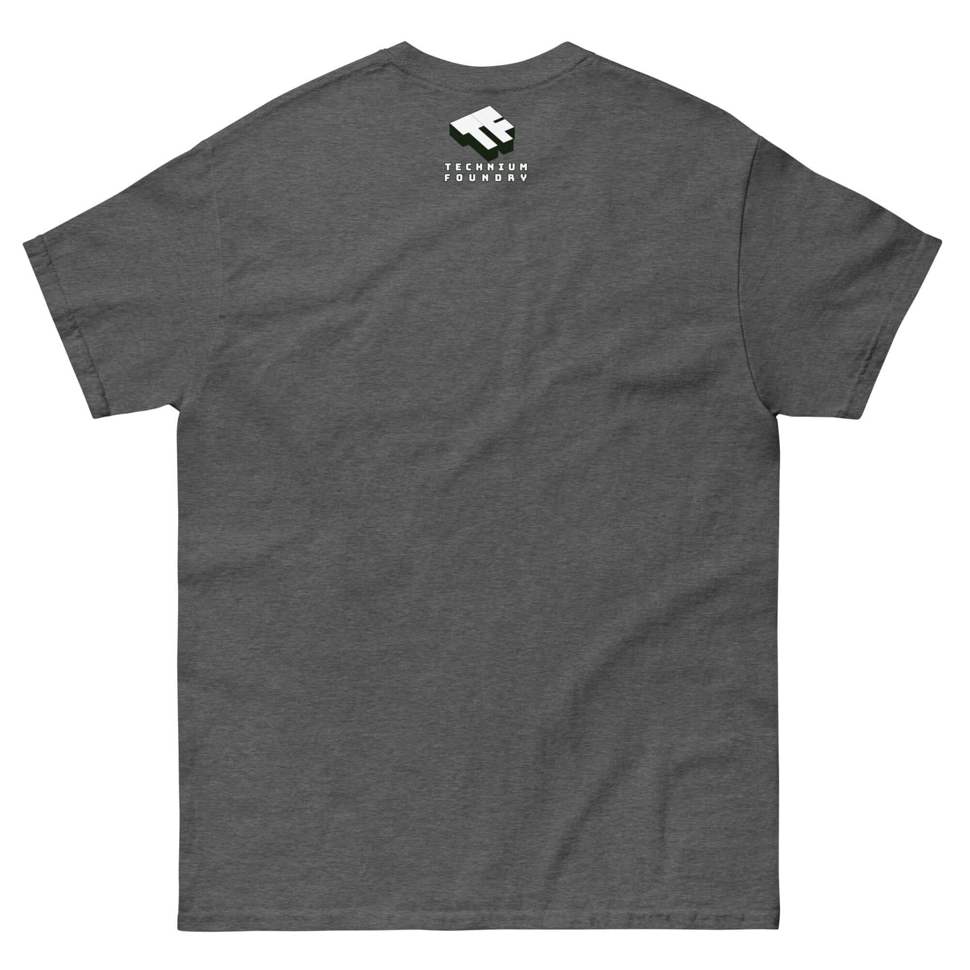 Back view of Space Tourist T-Shirt, featuring a logo on a dark gray fabric.