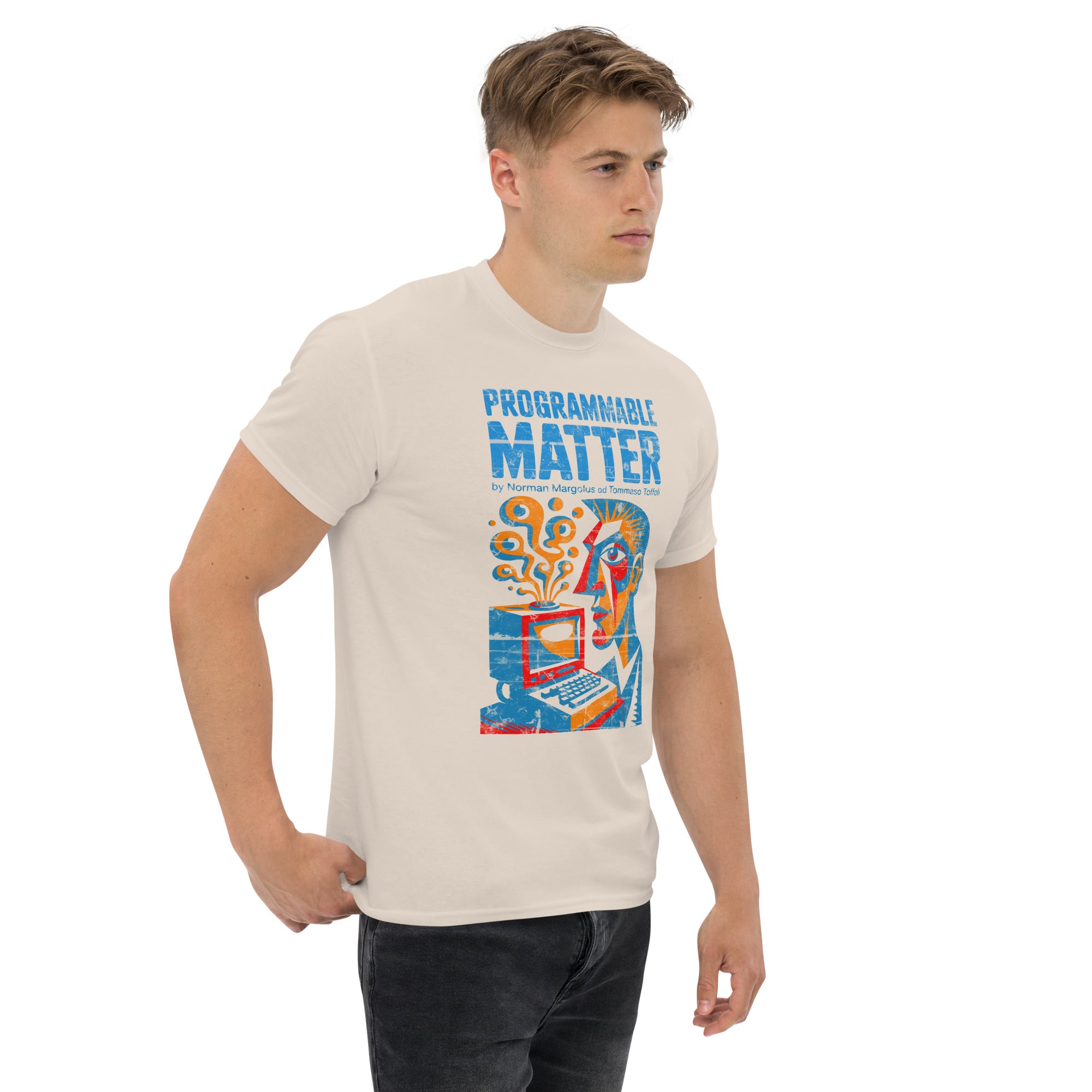 Person wearing Computronium Programmable Matter T-Shirt with theoretical physics design, featuring a hypnotic pattern.