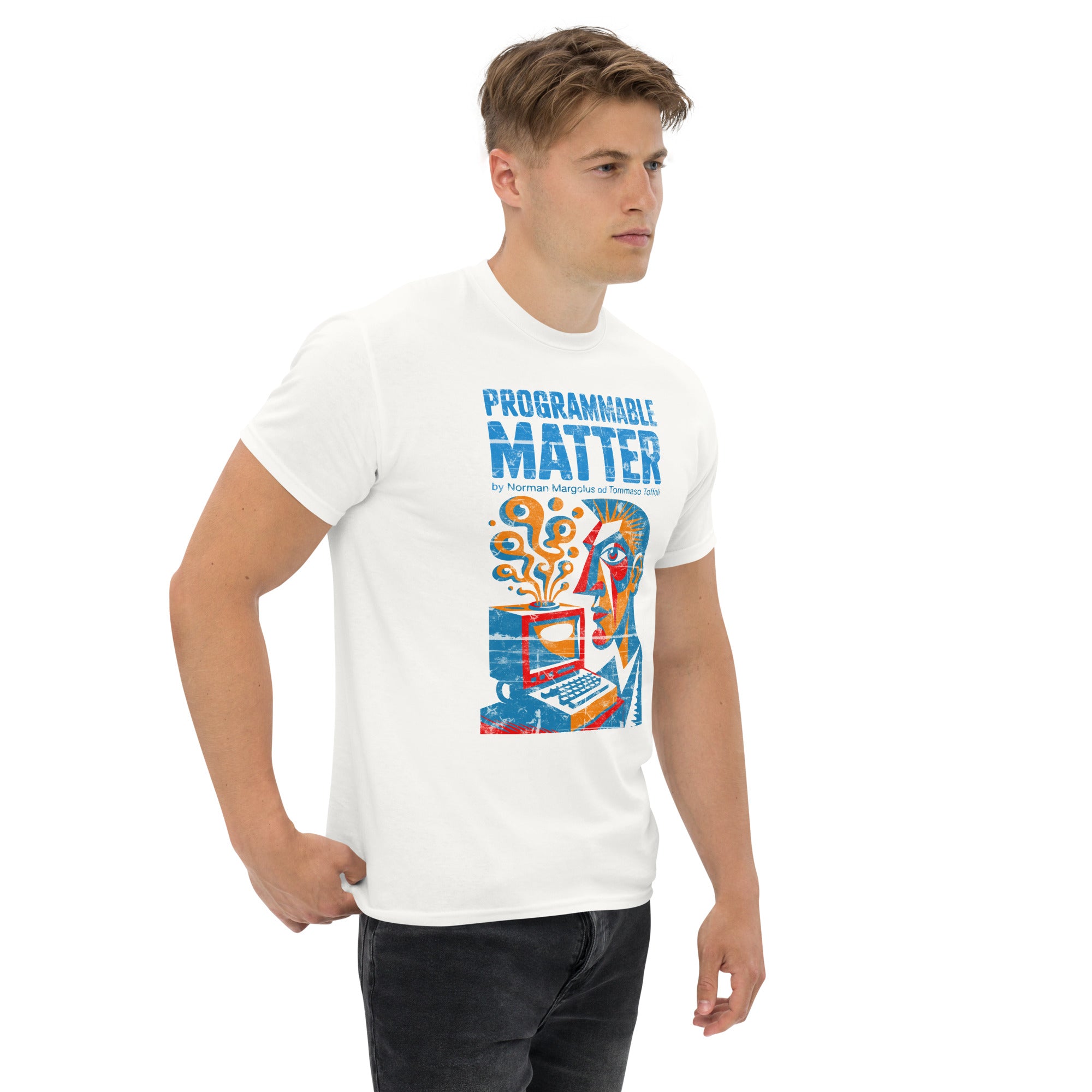 Alt Tag: Computronium Programmable Matter T-Shirt with starburst design on male model, inspired by theoretical physics and quantum computing.