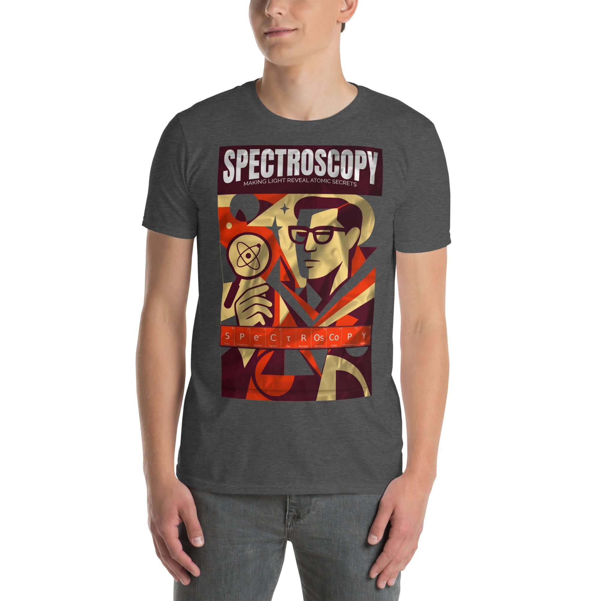 Man wearing vintage Spectroscopy T-shirt with atomic secrets theme, inspired by noir investigation style.