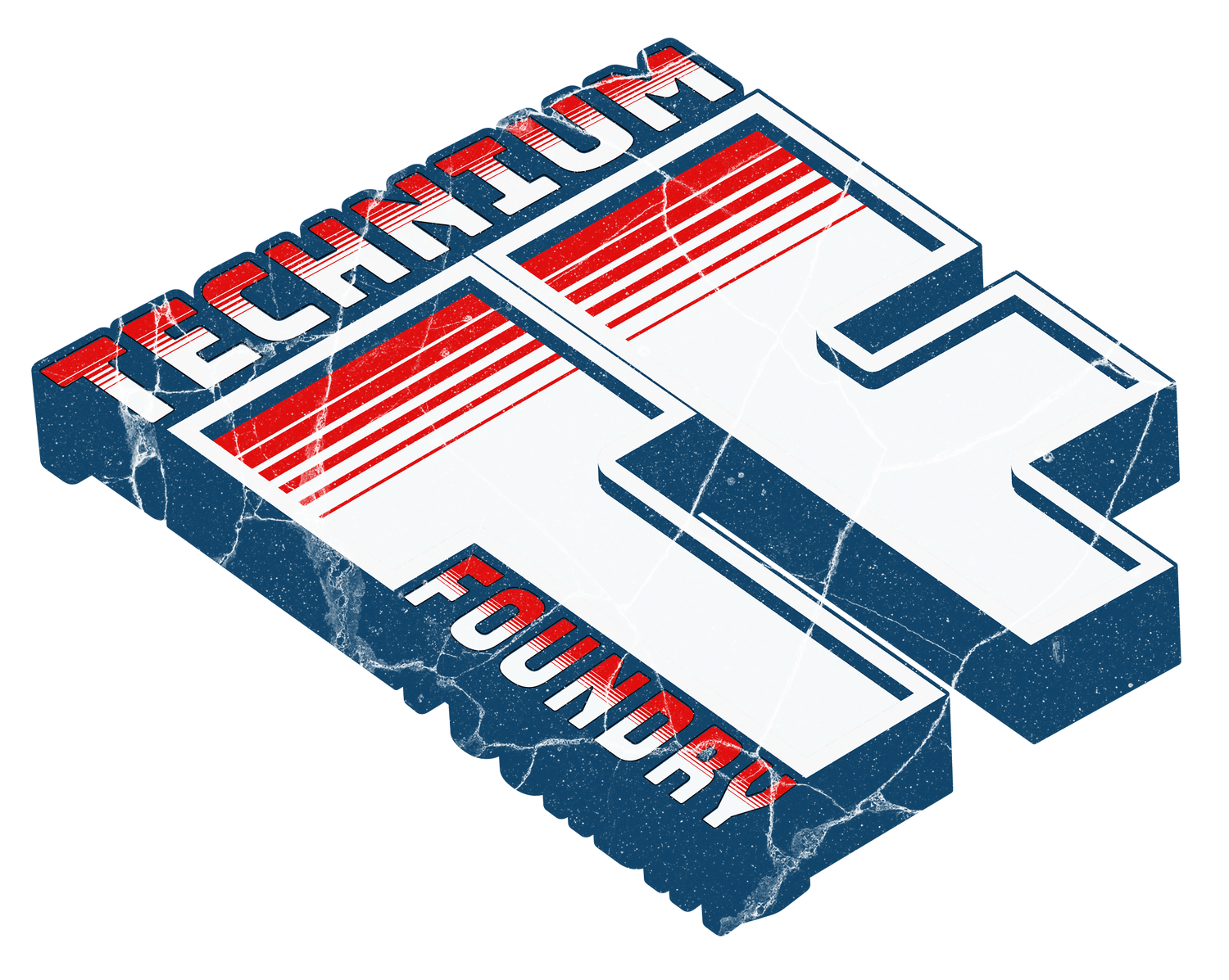 Technium Foundry logo, featuring bold 3D red and blue text symbolizing innovation in quantum mechanics fashion.