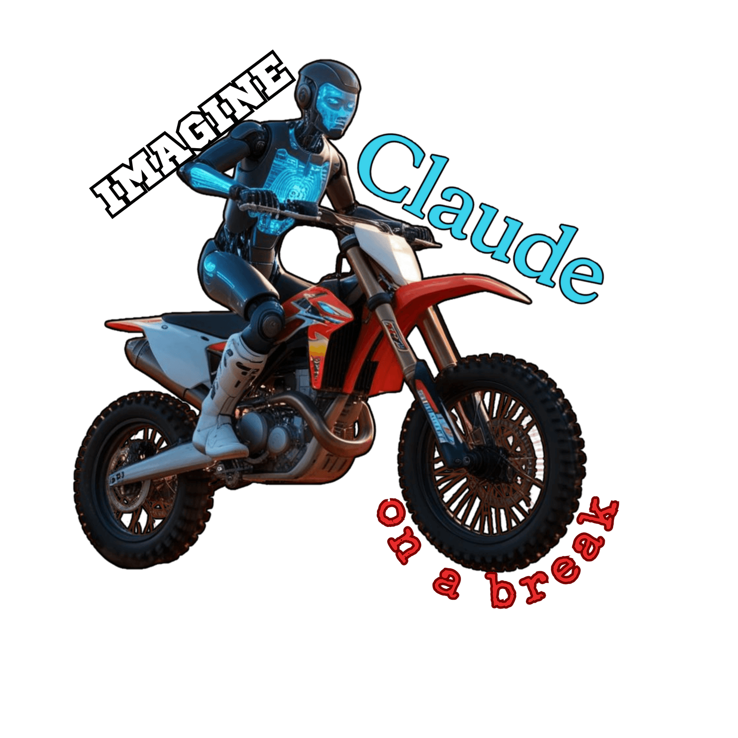 Robot rider on dirt bike with text "Imagine Claude on a break" in a futuristic style.