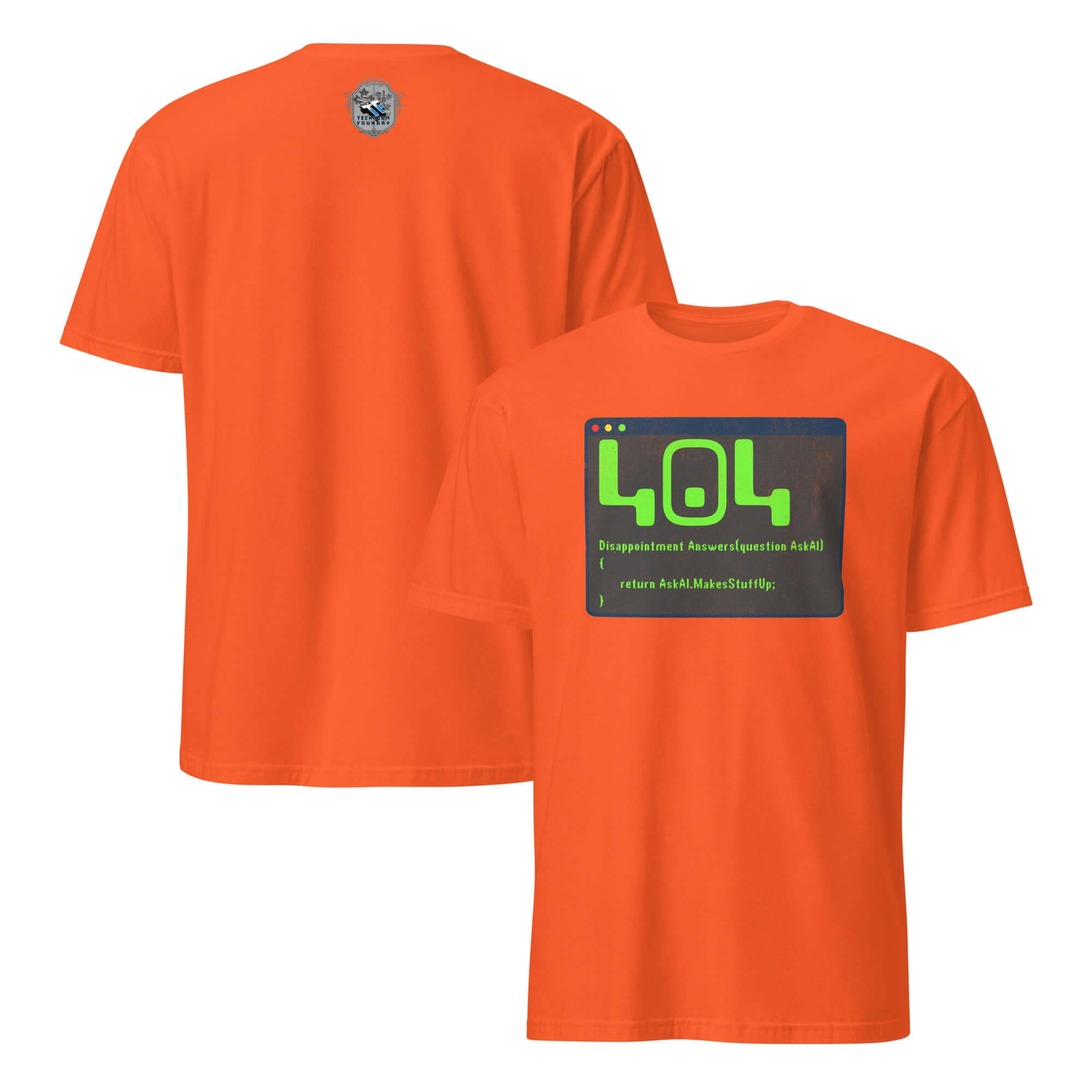 Orange 404 Disappointment Error T-Shirt featuring AI humor for developers with a terminal window design on the back.