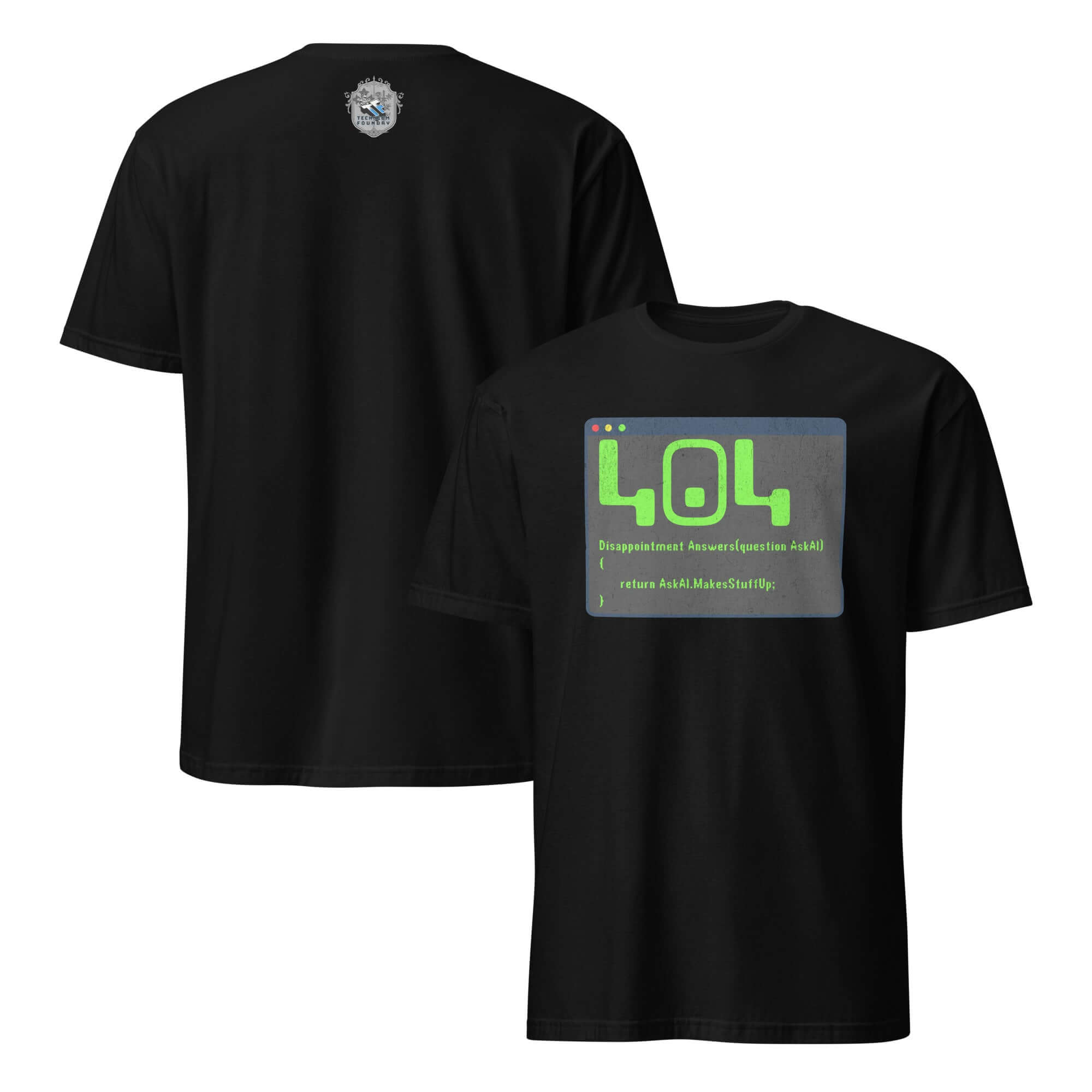 Black 404 Disappointment Error T-Shirt with AI humor design for developers, showing humorous error message in terminal style.