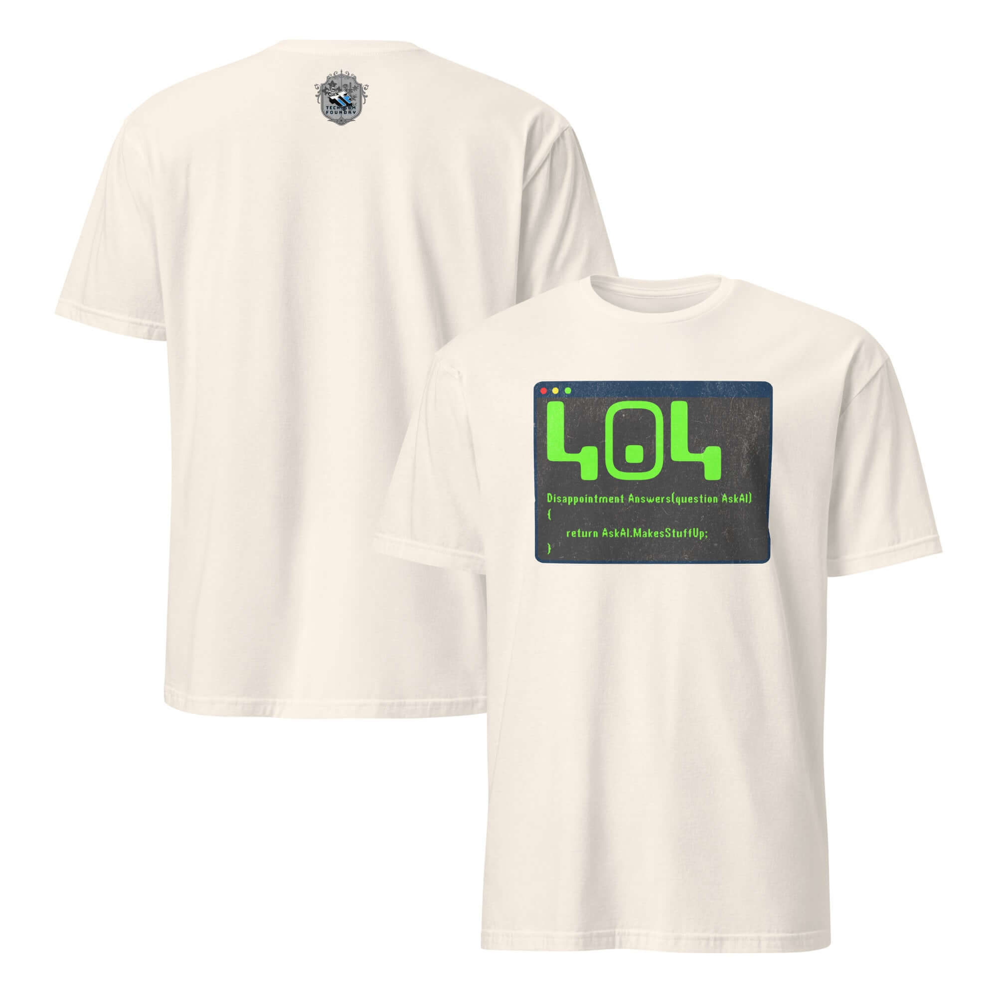 404 Disappointment Error T-Shirt displaying AI humor for developers, featuring a terminal window design on cotton.