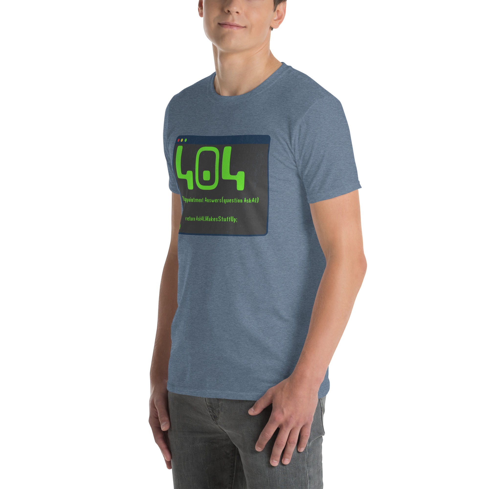 Man wearing blue 404 Disappointment Error T-Shirt with AI humor design, perfect for developers and tech enthusiasts.