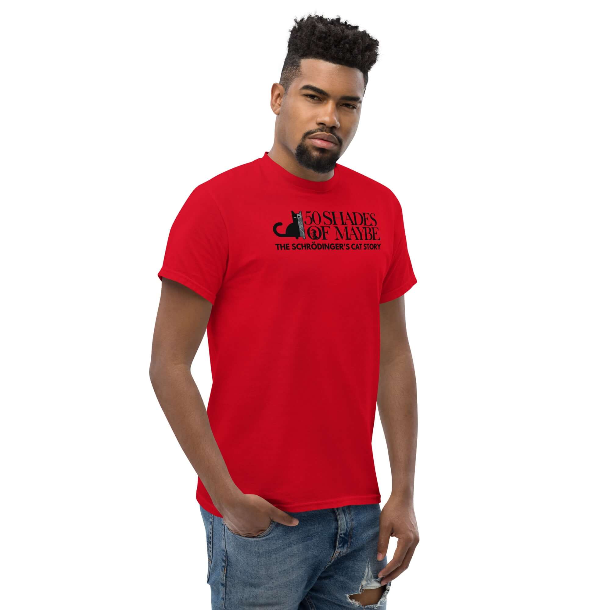 Man wearing a red '50 Shades of Maybe' Schrödinger's Cat parody T-shirt with quantum physics humor design.