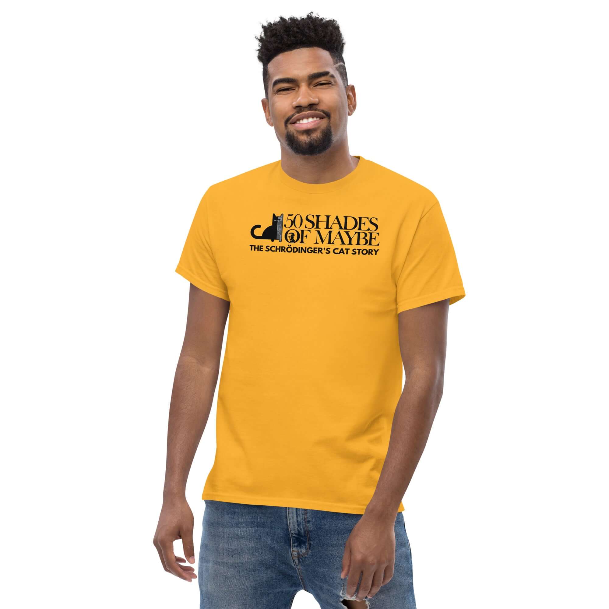 Man wearing '50 Shades of Maybe' Schrödinger's cat parody t-shirt with quantum physics literature humor design.