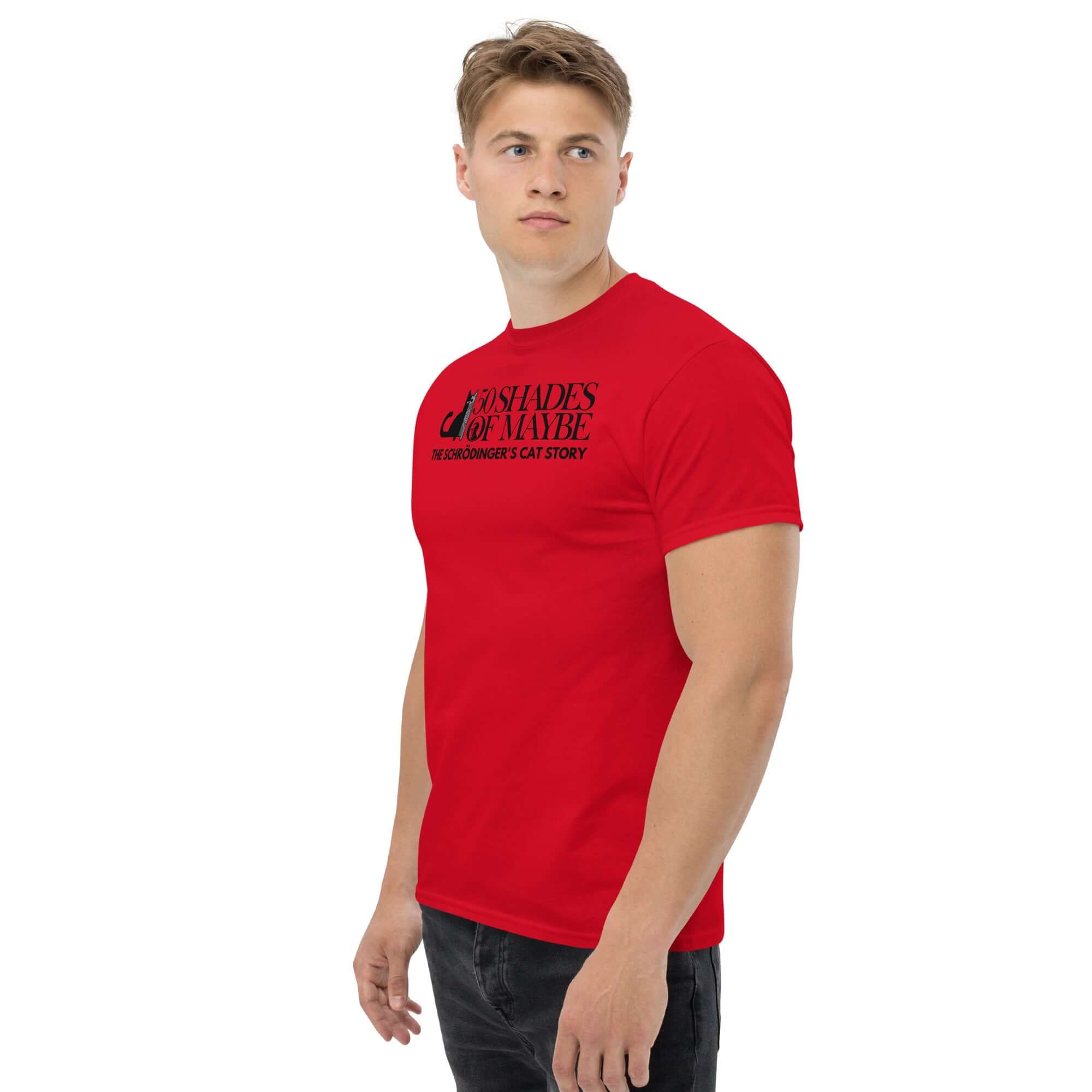 Red "50 Shades of Maybe" Schrödinger's Cat Parody T-Shirt featuring quantum physics literature humor.