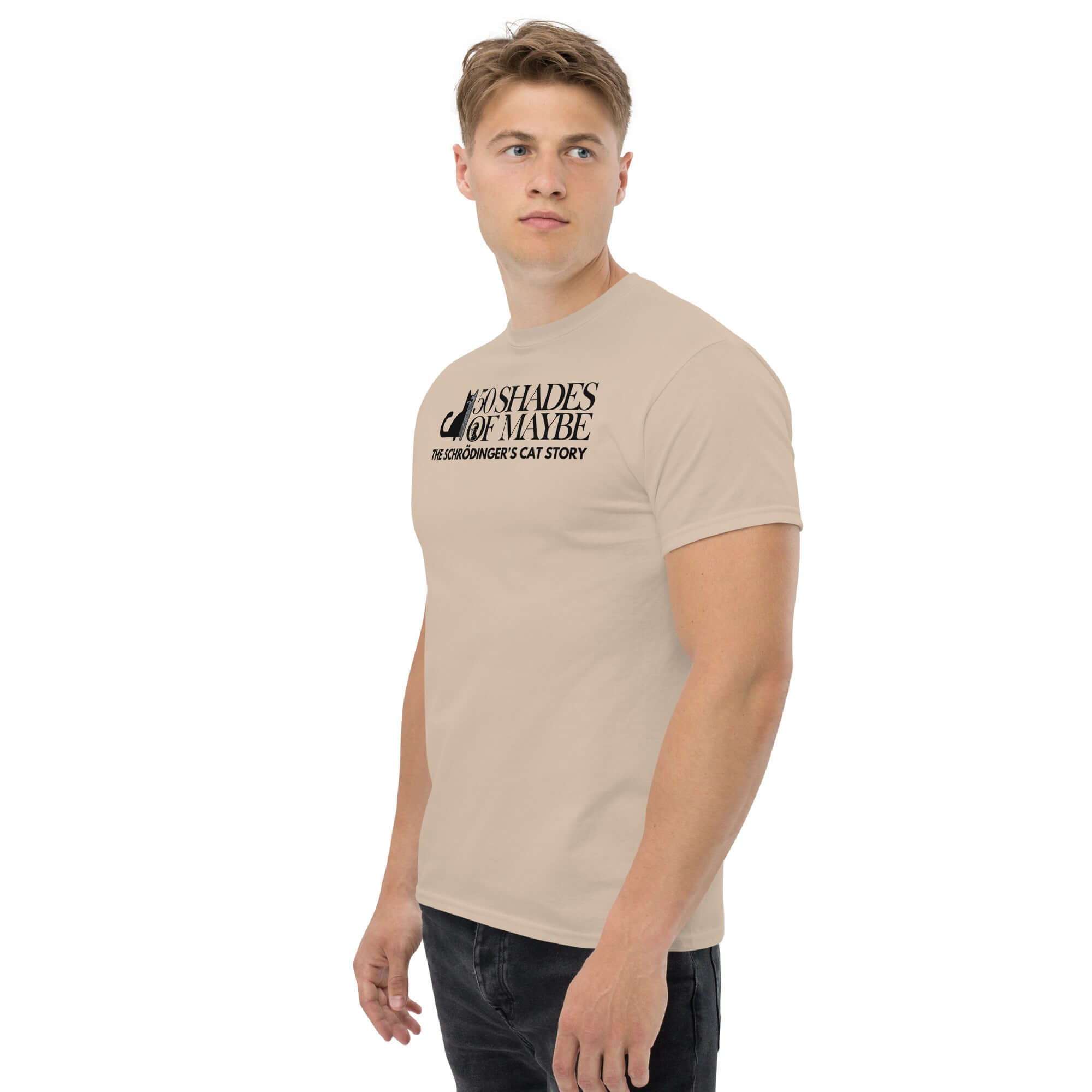 Man wearing '50 Shades of Maybe' Schrödinger's Cat parody t-shirt showcasing quantum physics humor in beige color.