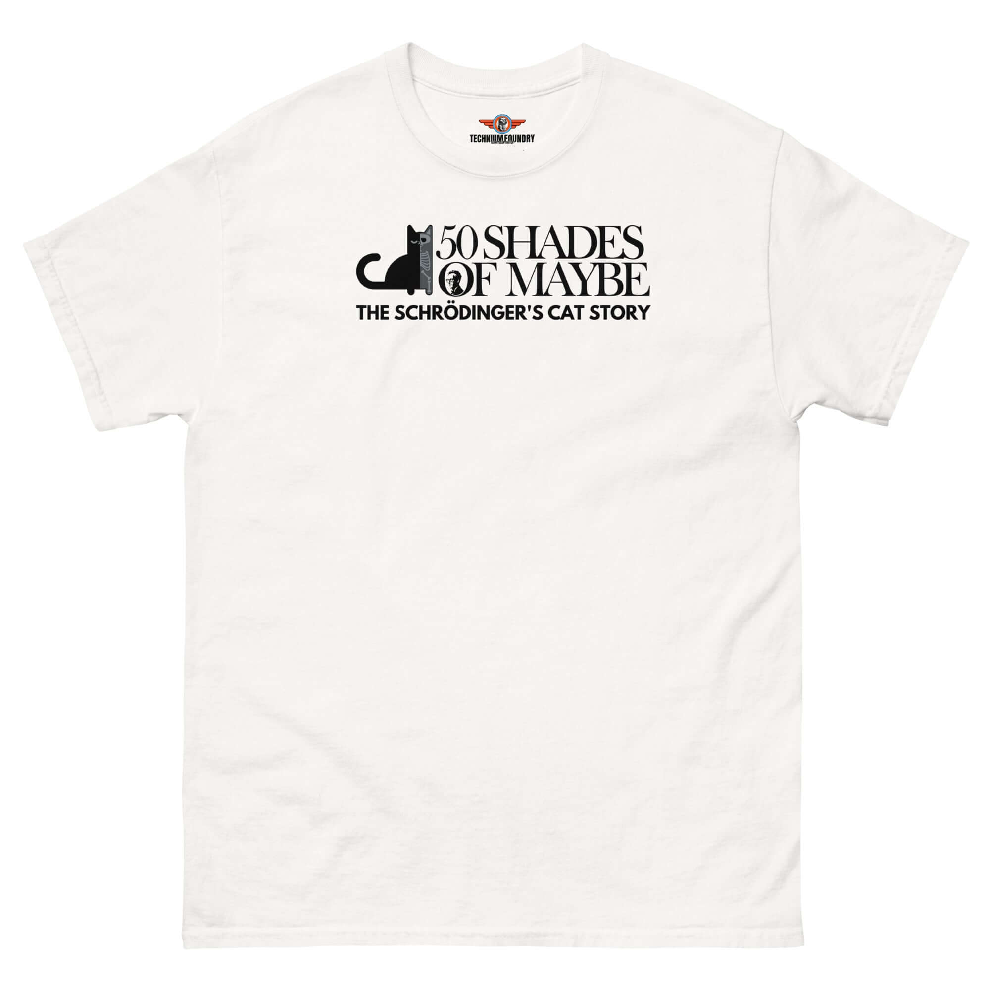 50 Shades of Maybe Schrödinger's Cat Parody T-Shirt featuring a minimalist black cat and quantum physics humor text.