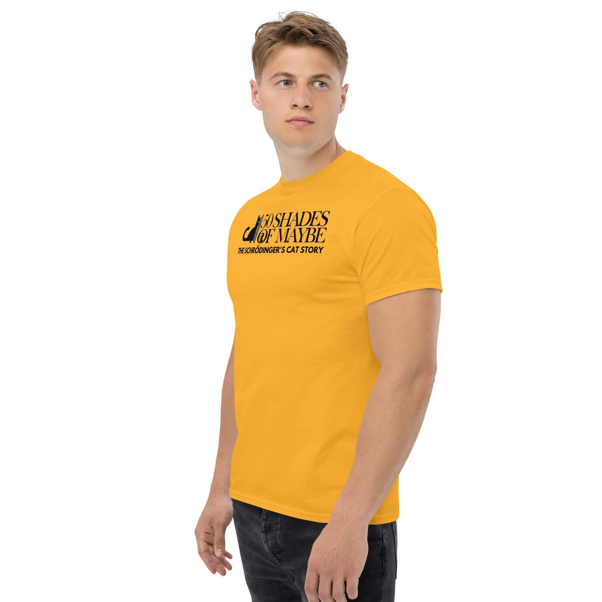 Orange "50 Shades of Maybe" Schrödinger's Cat parody t-shirt featuring minimalist cat silhouette, perfect for quantum physics humor lovers.