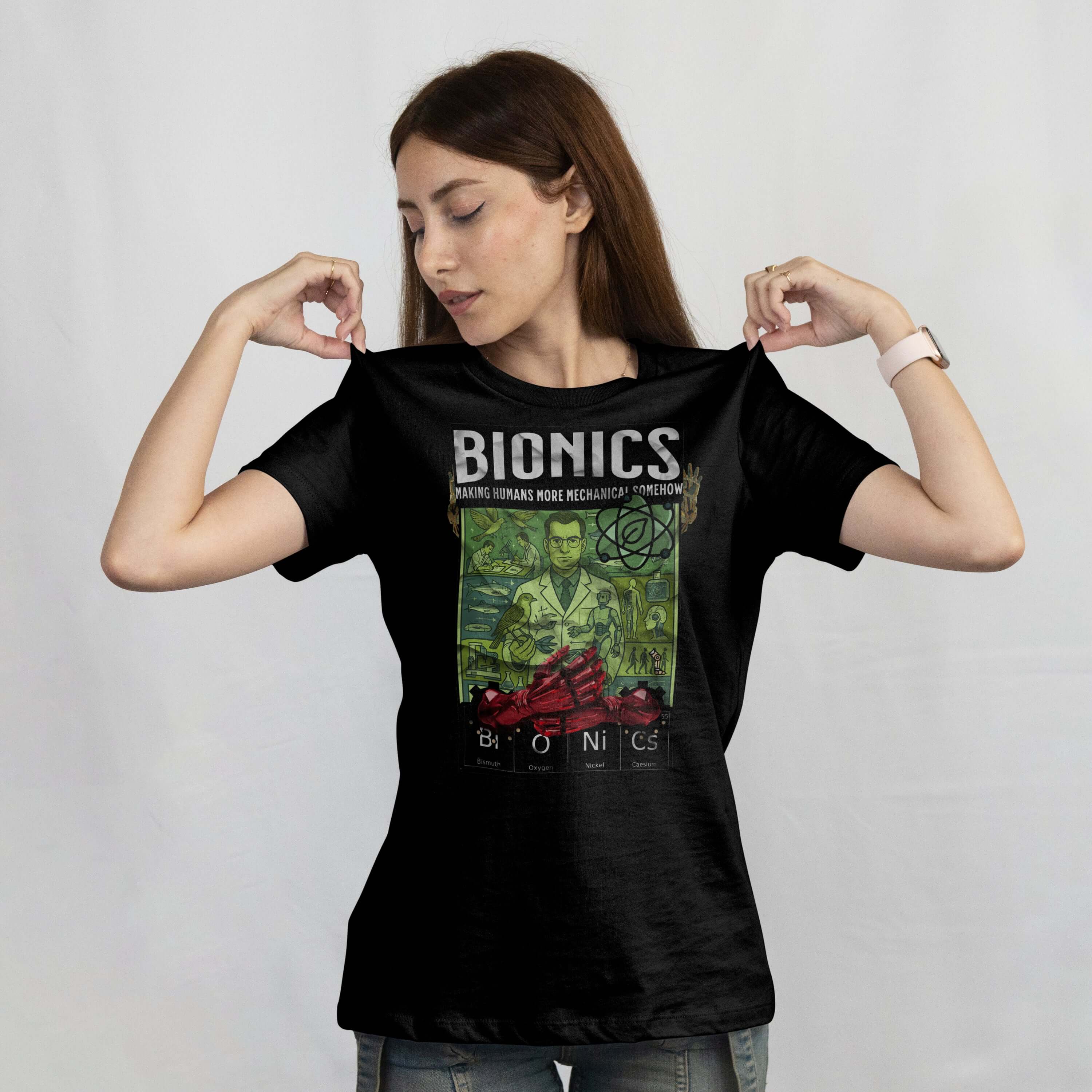 Person wearing Bionics T-Shirt with vintage laboratory design, celebrating bioengineering and human enhancement.