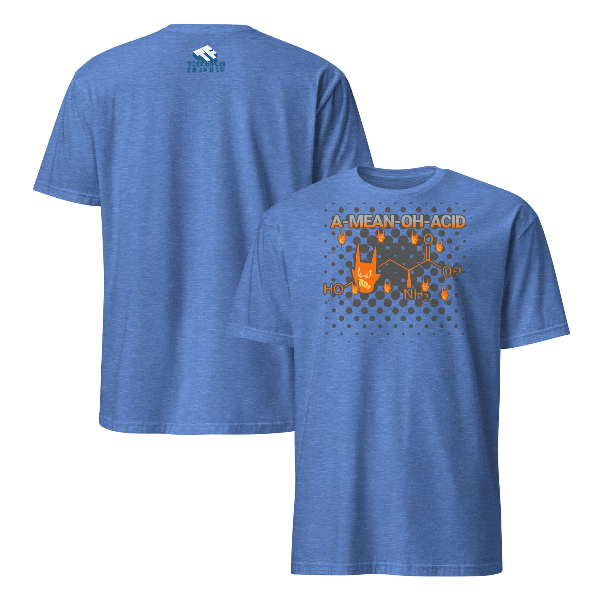 A Mean Oh Acid t-shirt featuring amino acid as rockstar with devil horns, blending science and rock 'n' roll humor.