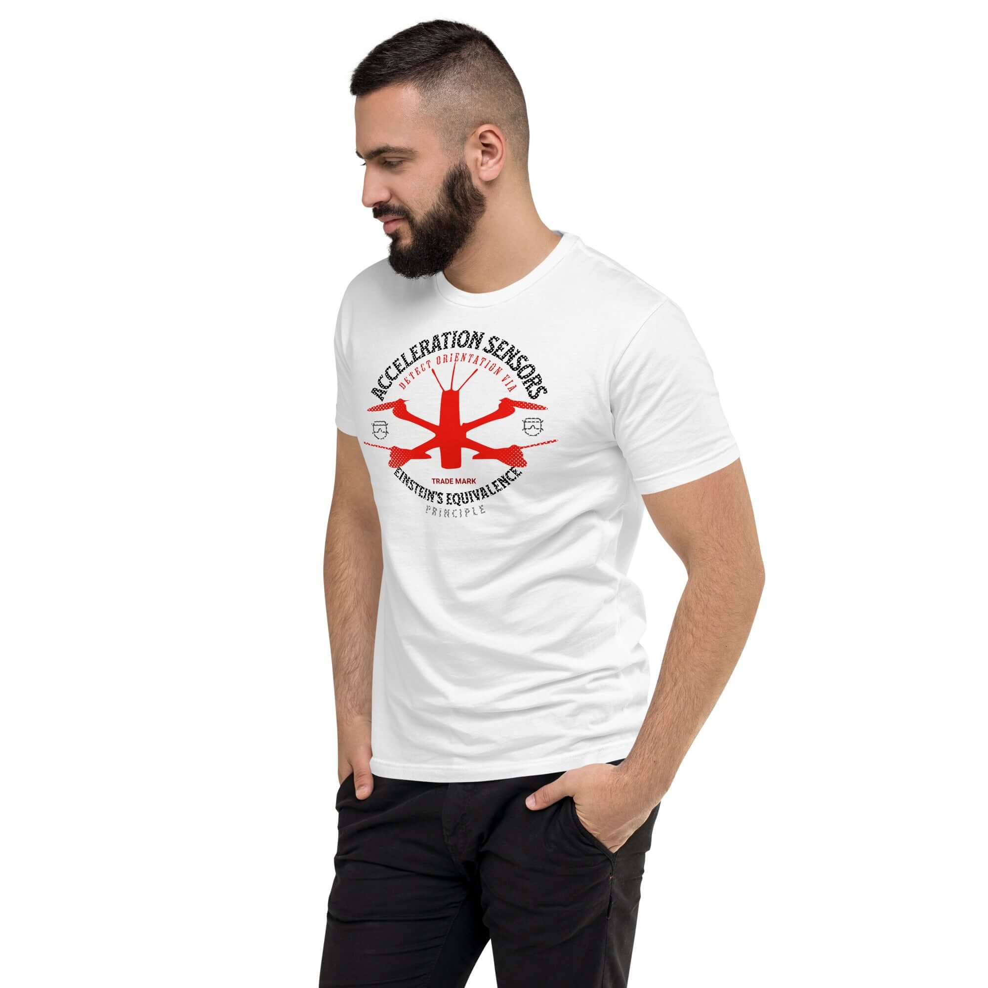 Person wearing Acceleration Sensors T-Shirt with Einstein's Equivalence Principle design, showcasing a scientific theme.