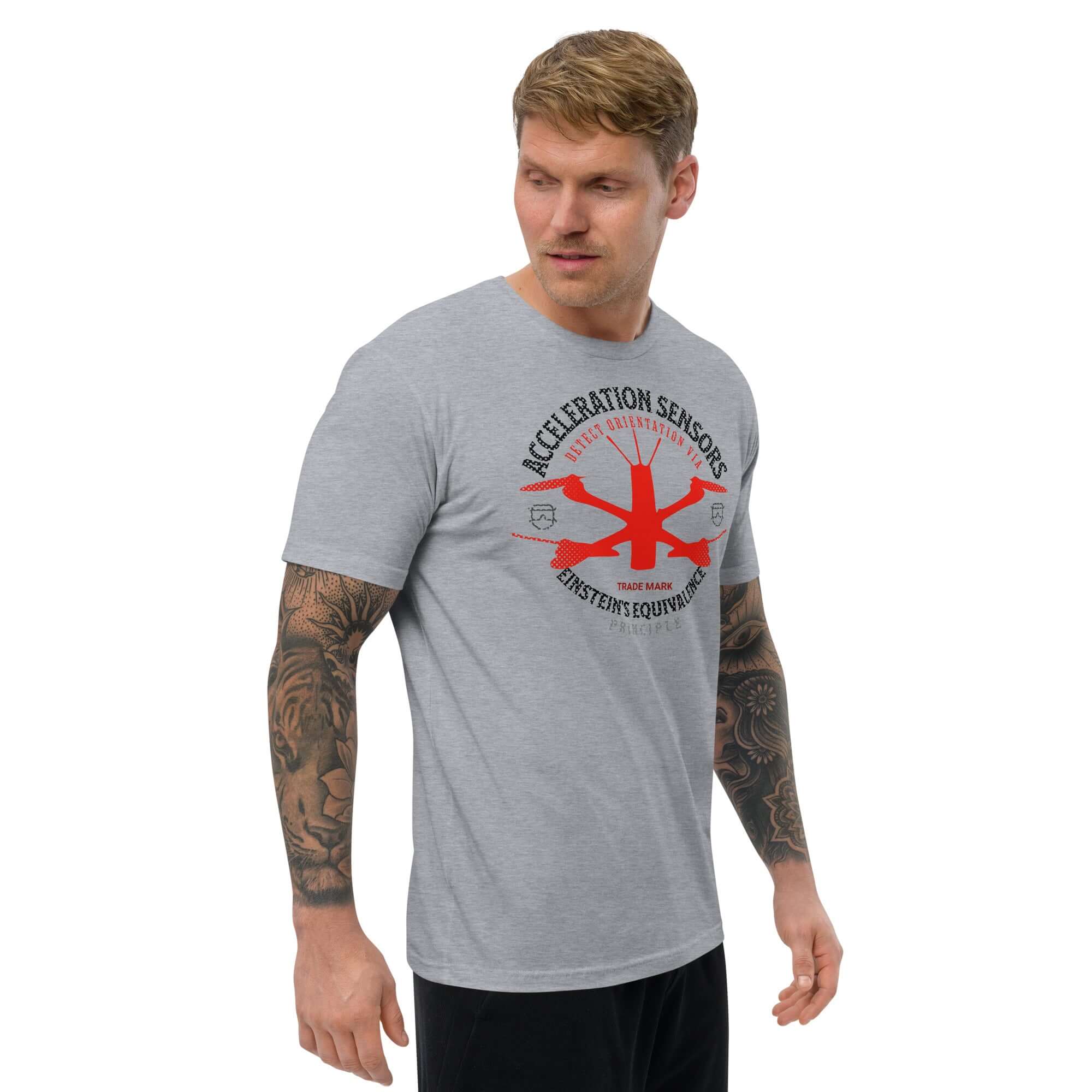 Grey t-shirt featuring 'Acceleration Sensors' and Einstein's Equivalence Principle design, combining physics and style.
