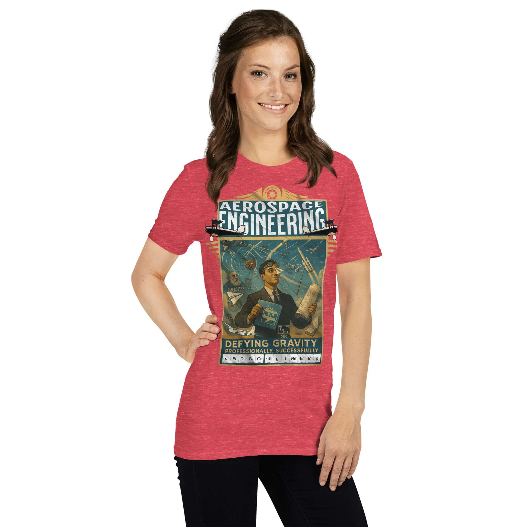 Woman wearing red Aerospace Engineering T-shirt with vintage aviation design, celebrating defying gravity.