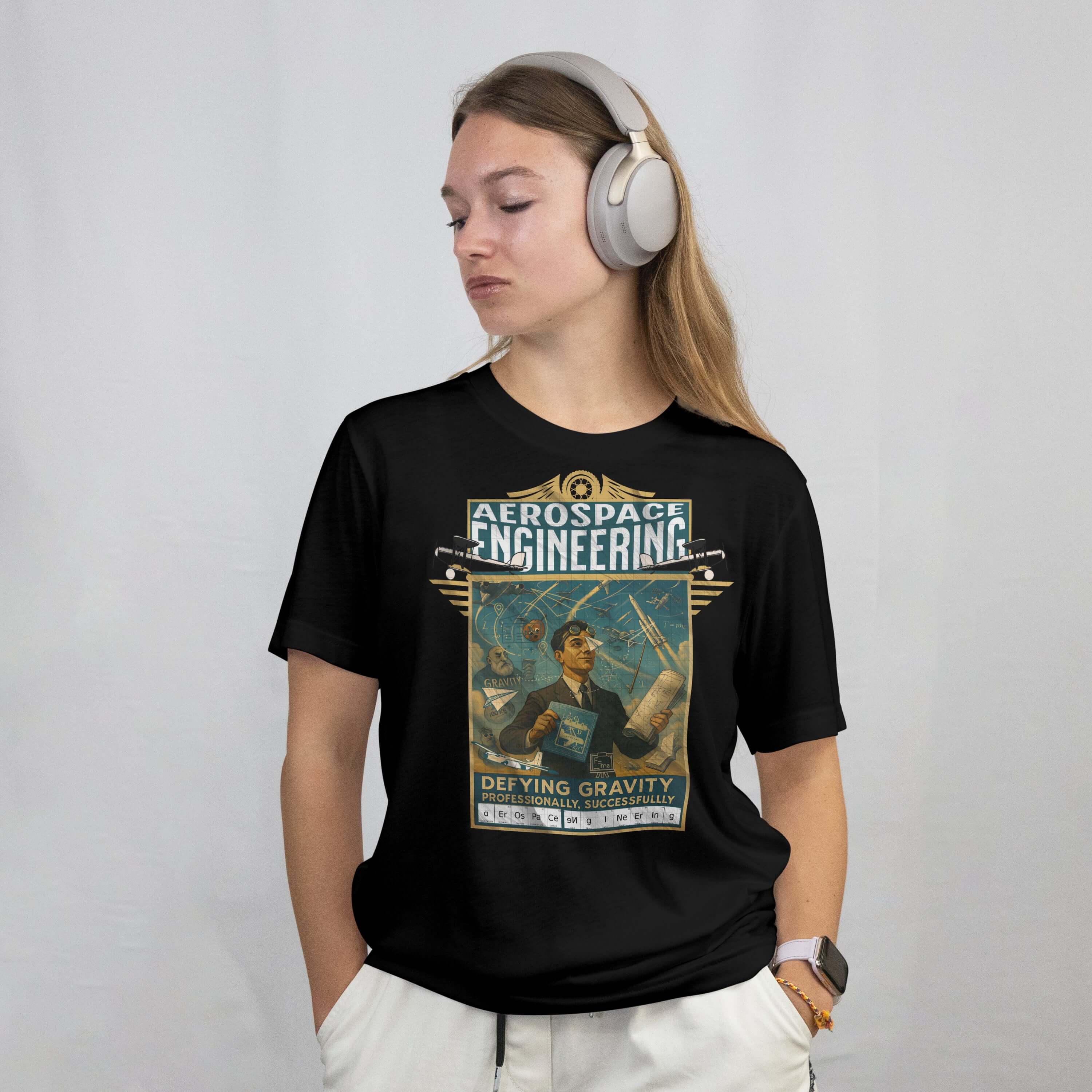 Person wearing Aerospace Engineering T-Shirt with vintage aviation design, celebrating defying gravity and professional success.