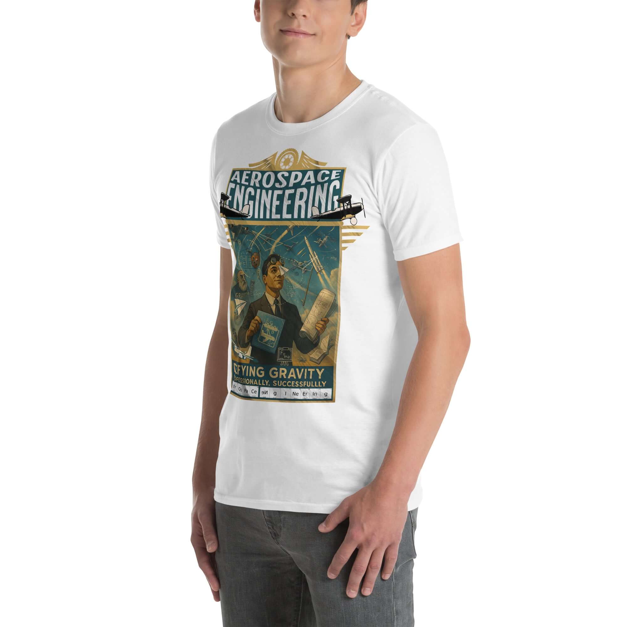 Aerospace Engineering T-Shirt featuring vintage aviation design and slogan "Defying Gravity Professionally, Successfully."